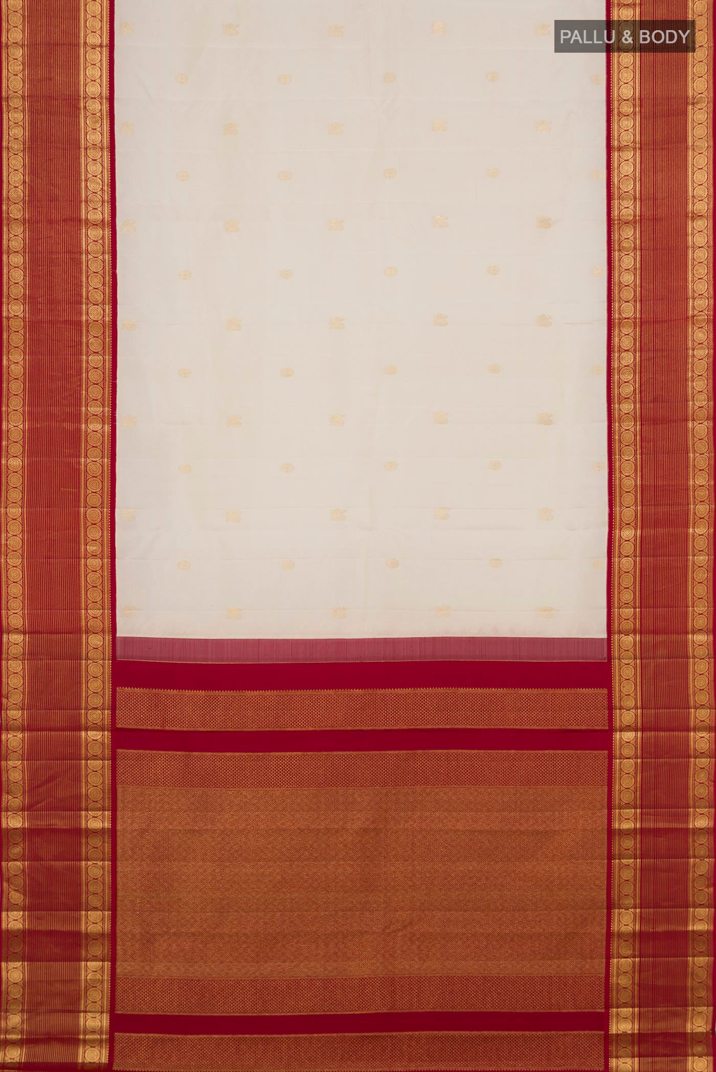 Flat view of Cream Kanjivaram Silk Saree with Zari Butta on the body and Zari Border. 