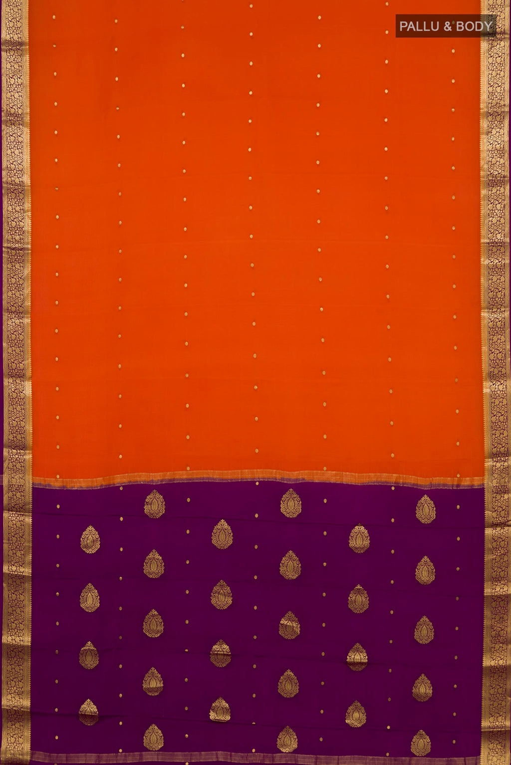 Flat view of Orange Mysore Crepe Saree with Zari Butta on the body and Fancy Border. 