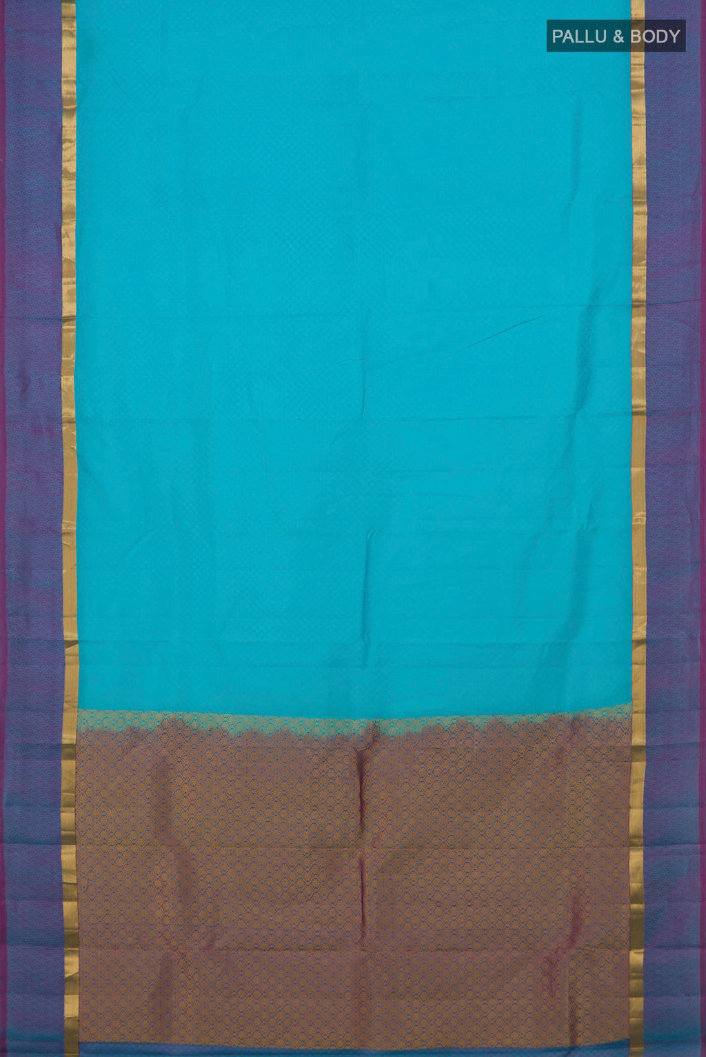 Flat view of Pure Silk Sky Blue Kanjivaram Saree with Jacquard design on the body and Thin Zari Line. 