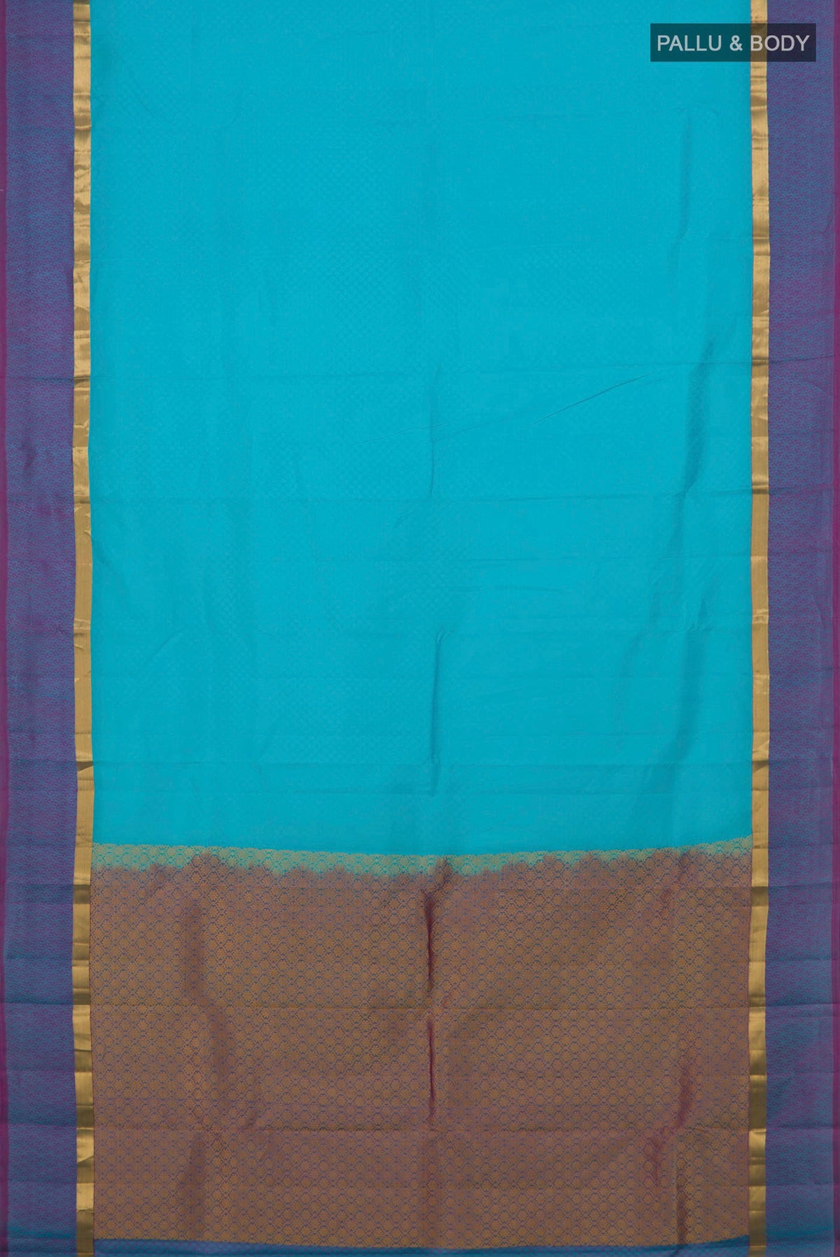 Flat view of Pure Silk Sky Blue Kanjivaram Saree with Jacquard design on the body and Thin Zari Line. 