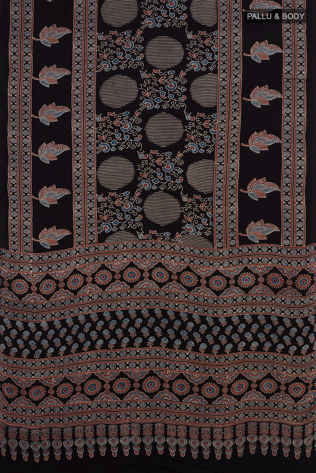 Flat view of Black Blended Satin Silk Saree with Ajrakh Print on the body and Printed Border. 