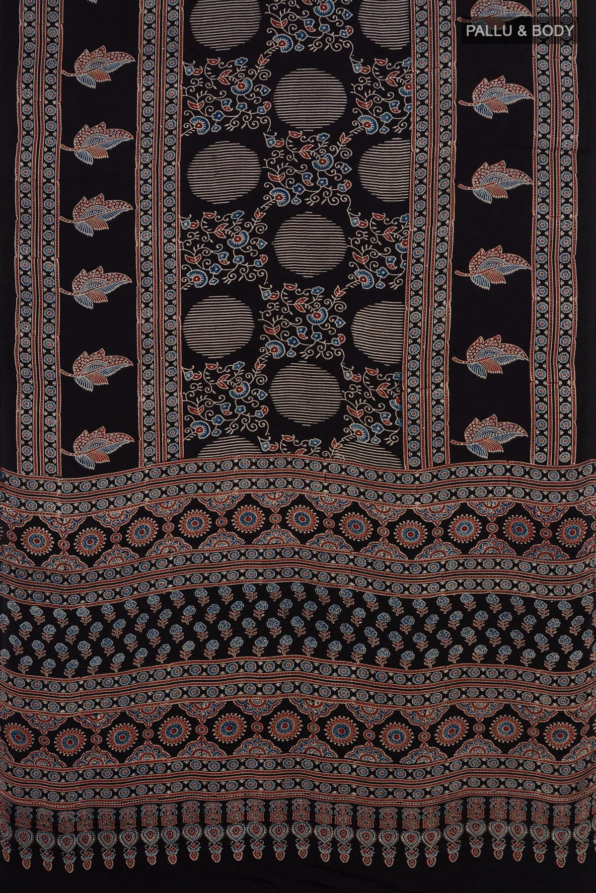 Flat view of Black Blended Satin Silk Saree with Ajrakh Print on the body and Printed Border. 