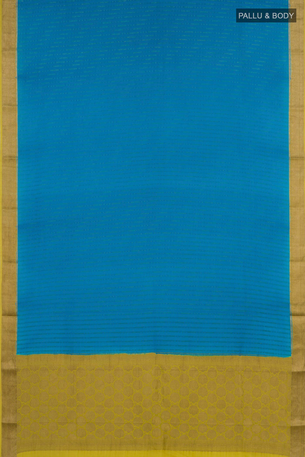 Flat view of Blue Mysore Crepe Saree with Stripes on the body and Zari Border. 