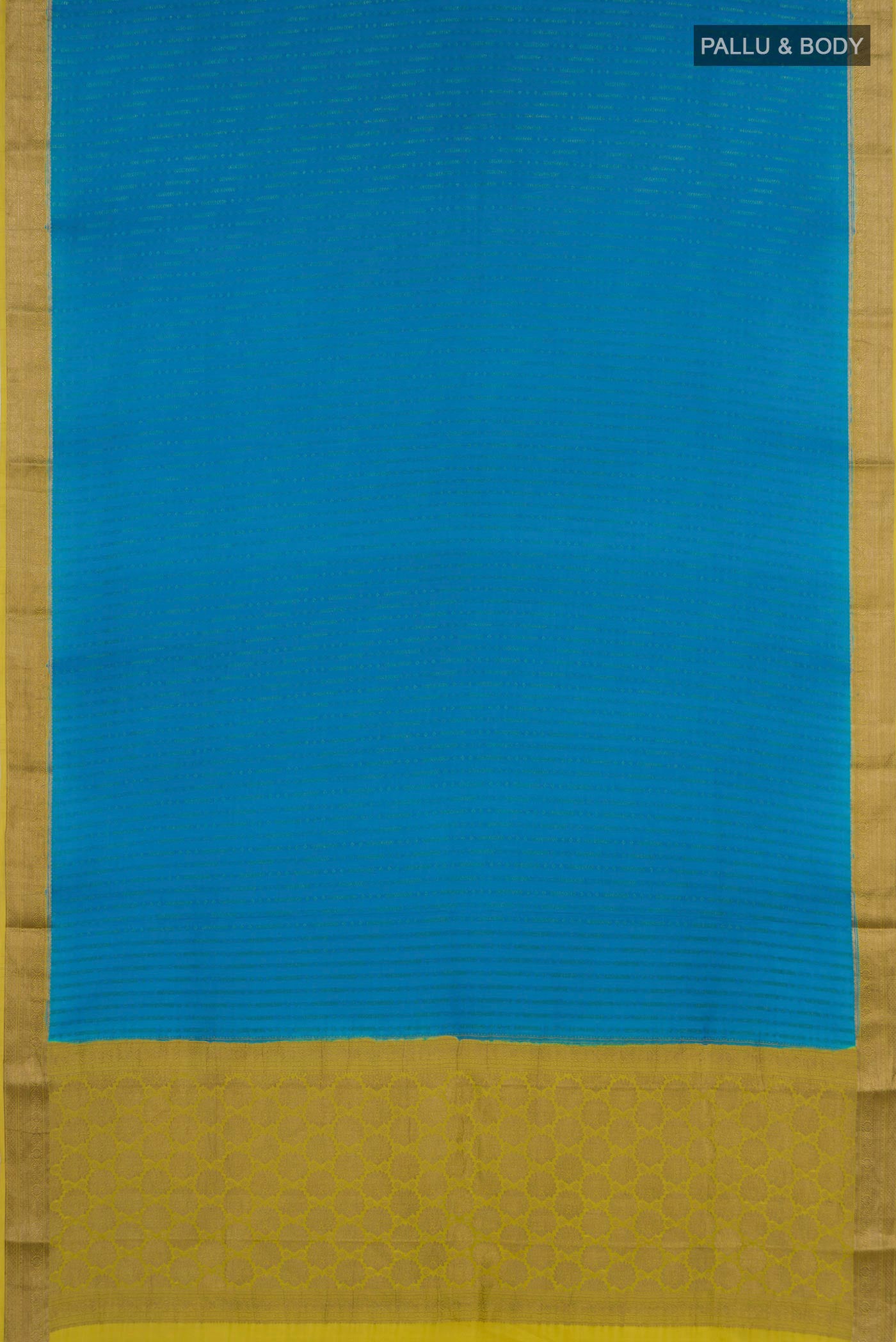 Flat view of Blue Mysore Crepe Saree with Stripes on the body and Zari Border. 
