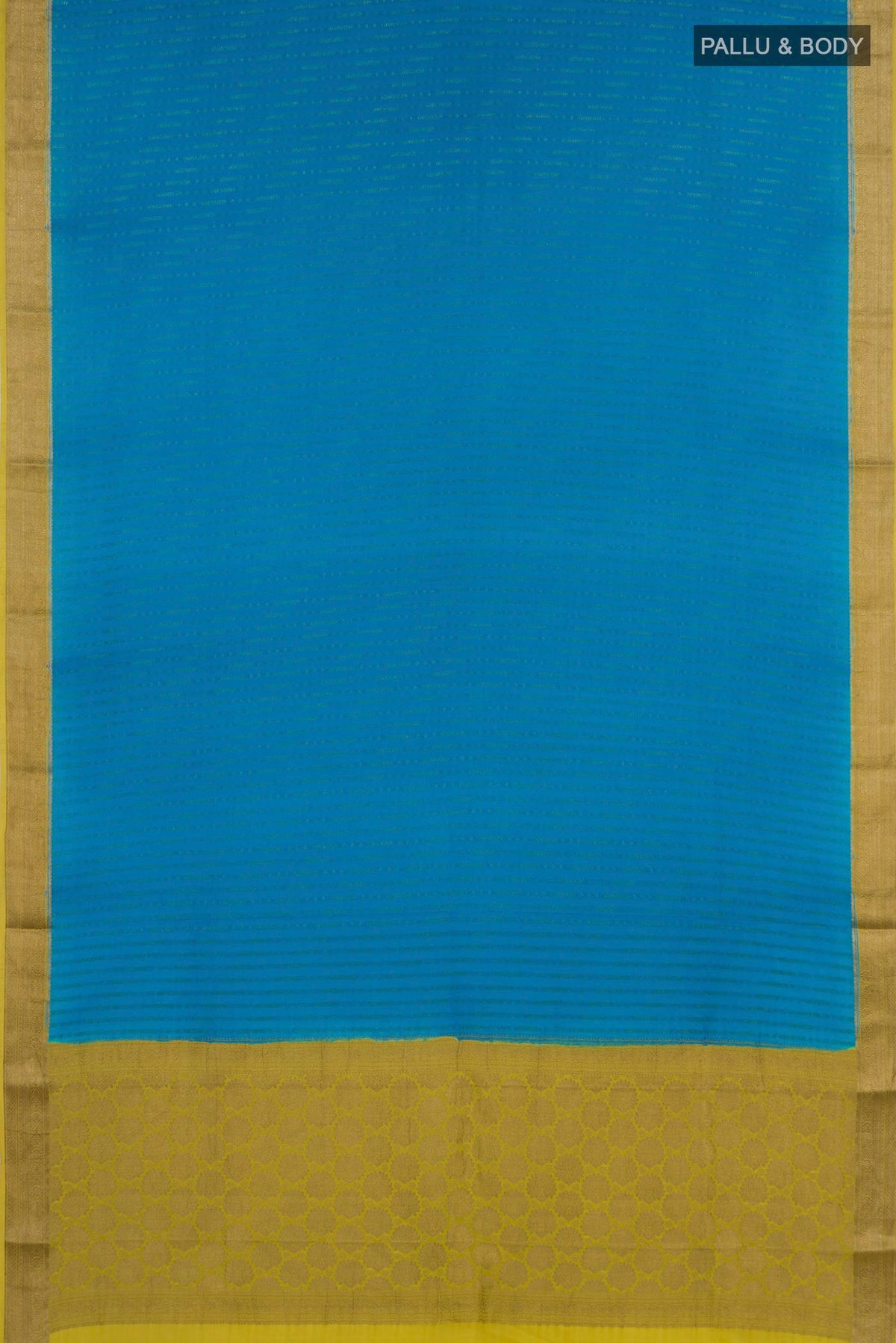 Flat view of Blue Mysore Crepe Saree with Stripes on the body and Zari Border. 