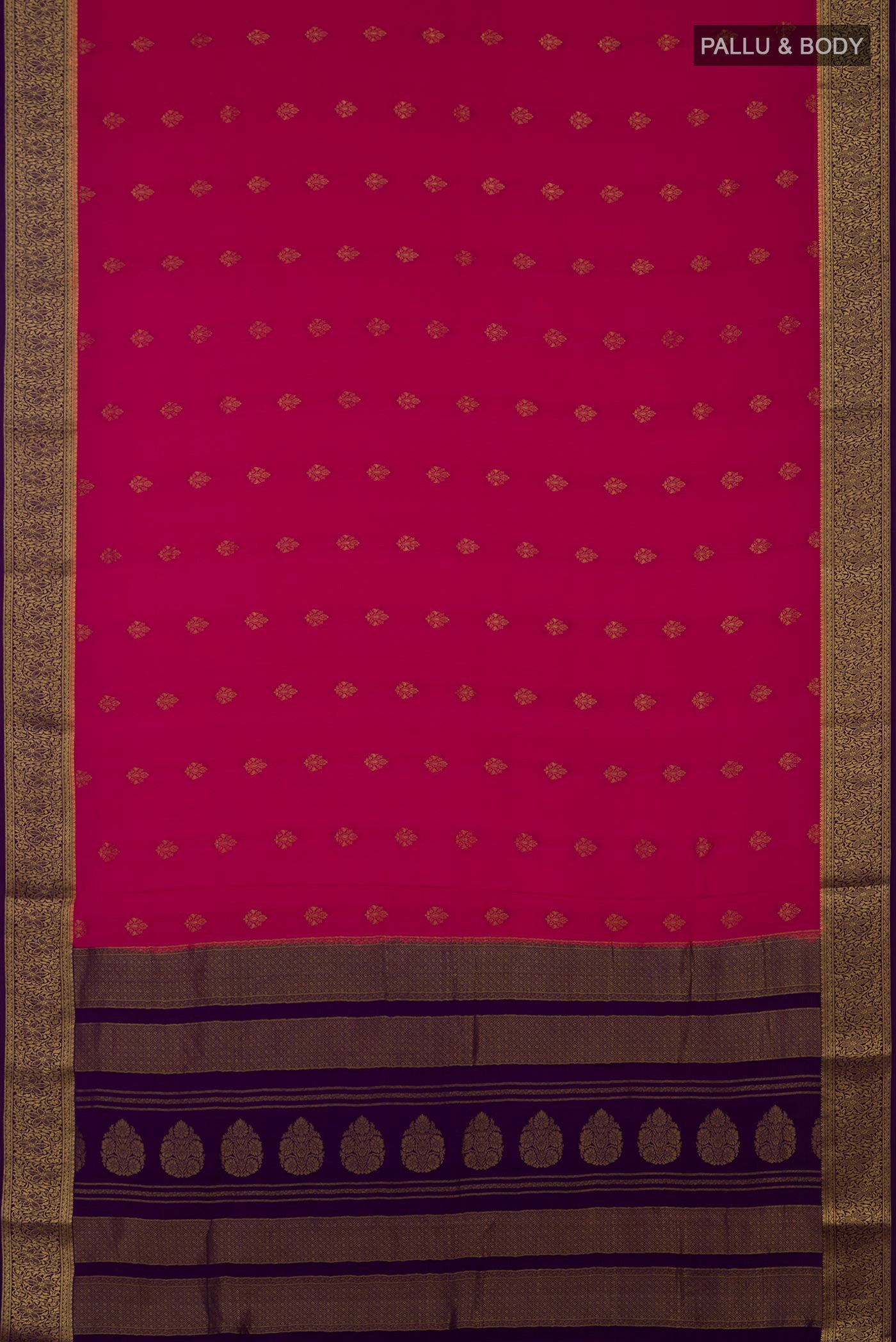 Flat view of Pink Mysore Crepe Saree with Zari Butta on the body and Zari Border. 