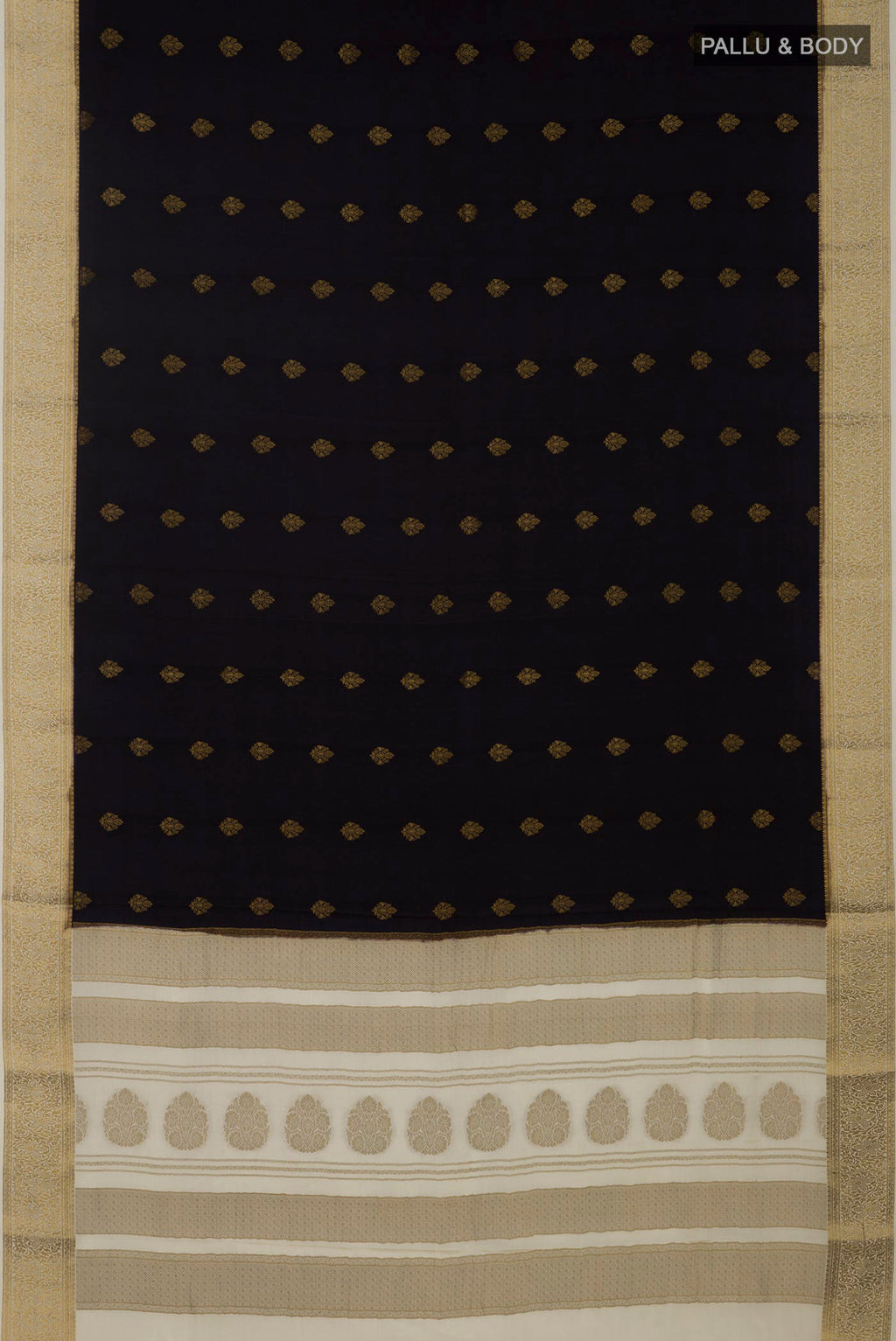 Flat view of Black Mysore Crepe Saree with Zari Butta on the body and Zari Border. 