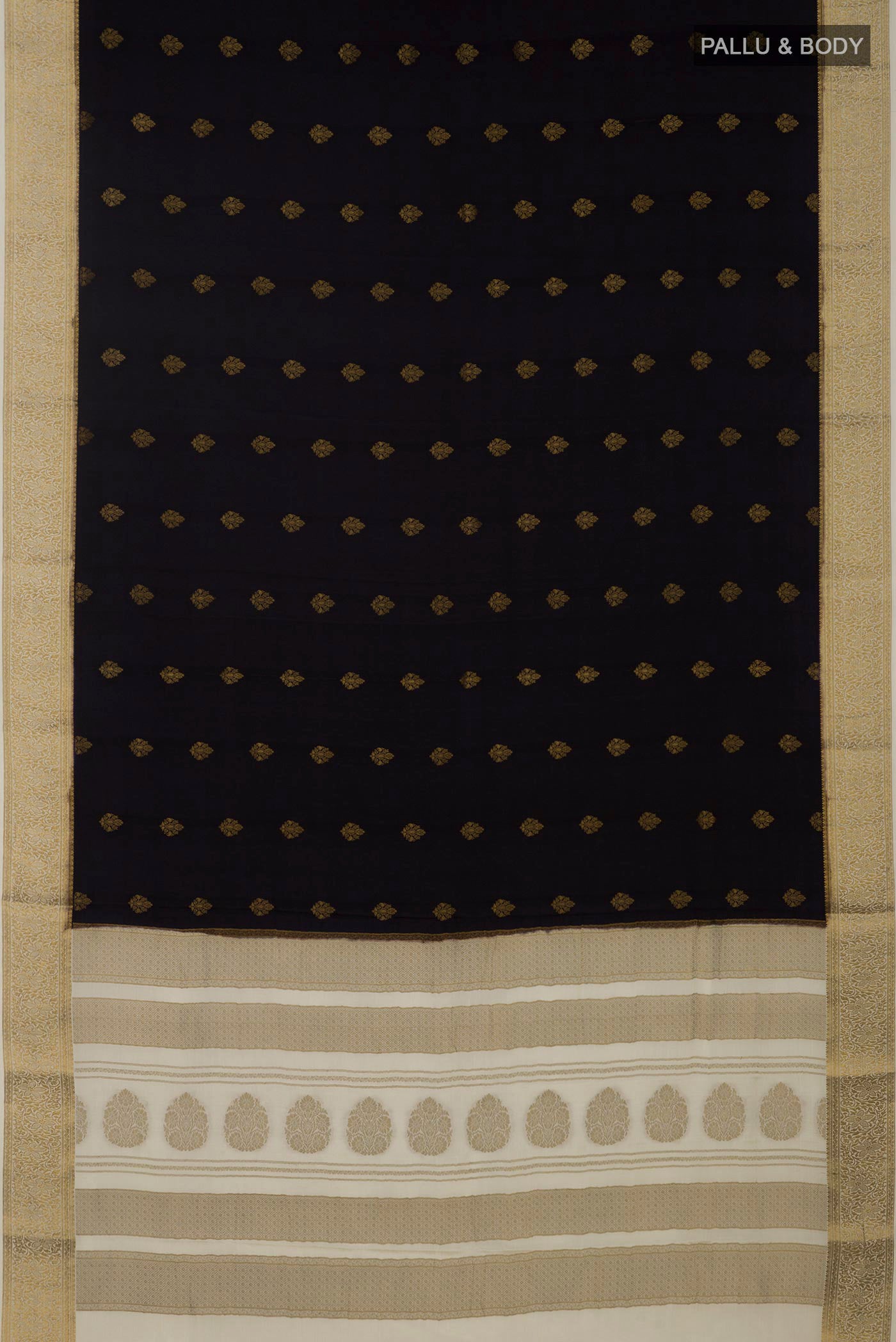 Flat view of Black Mysore Crepe Saree with Zari Butta on the body and Zari Border. 