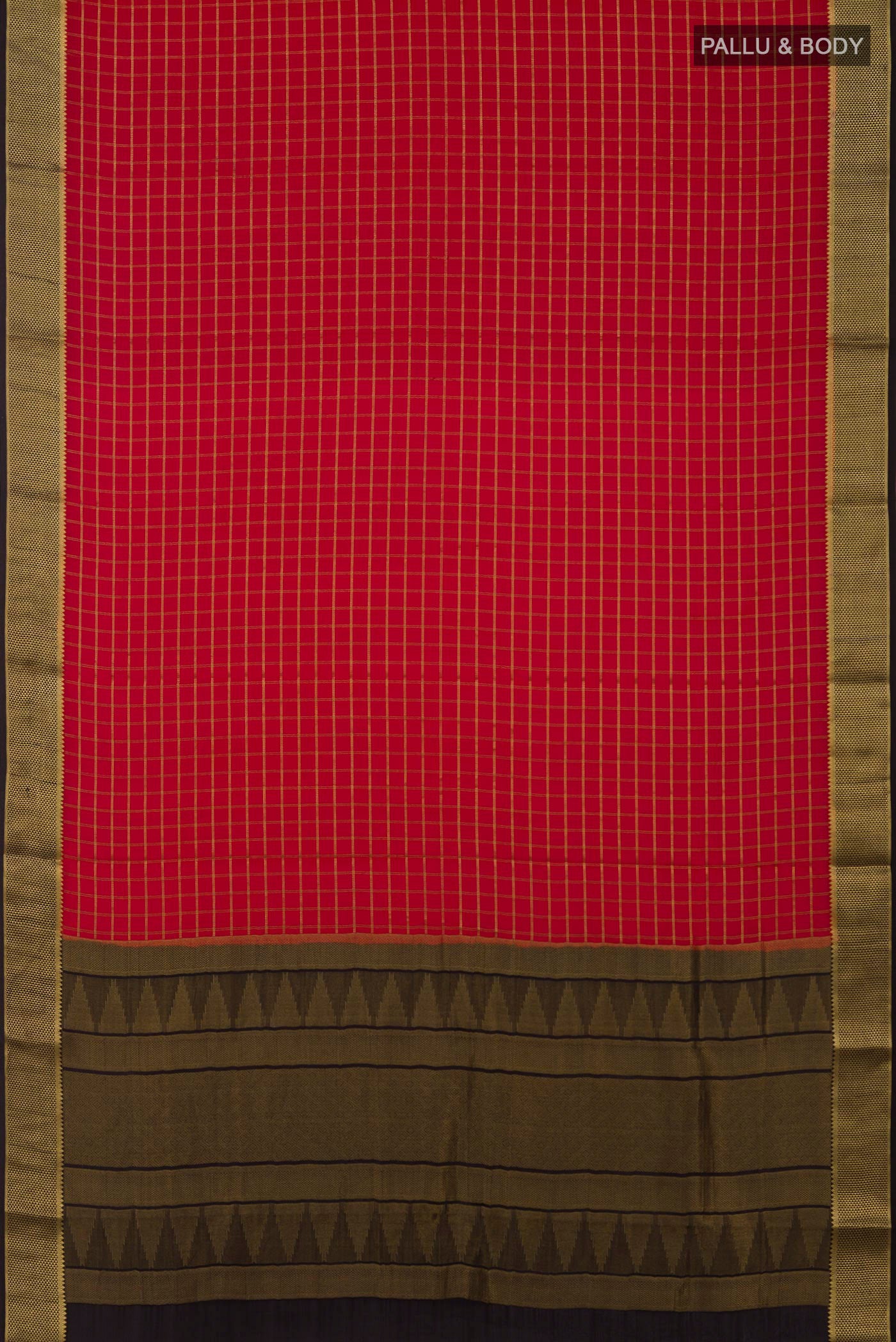 Flat view of Red Mysore Crepe Saree with Checked design on the body and Zari Border. 