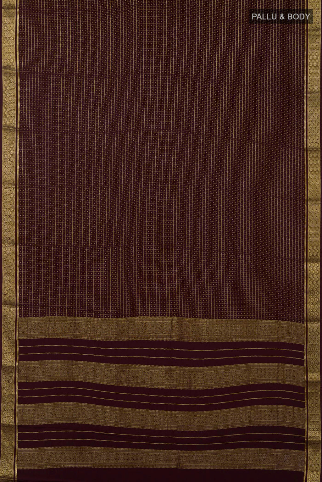 Flat view of Coffee Brown Mysore Crepe Saree with Checked design on the body and Zari Border. 
