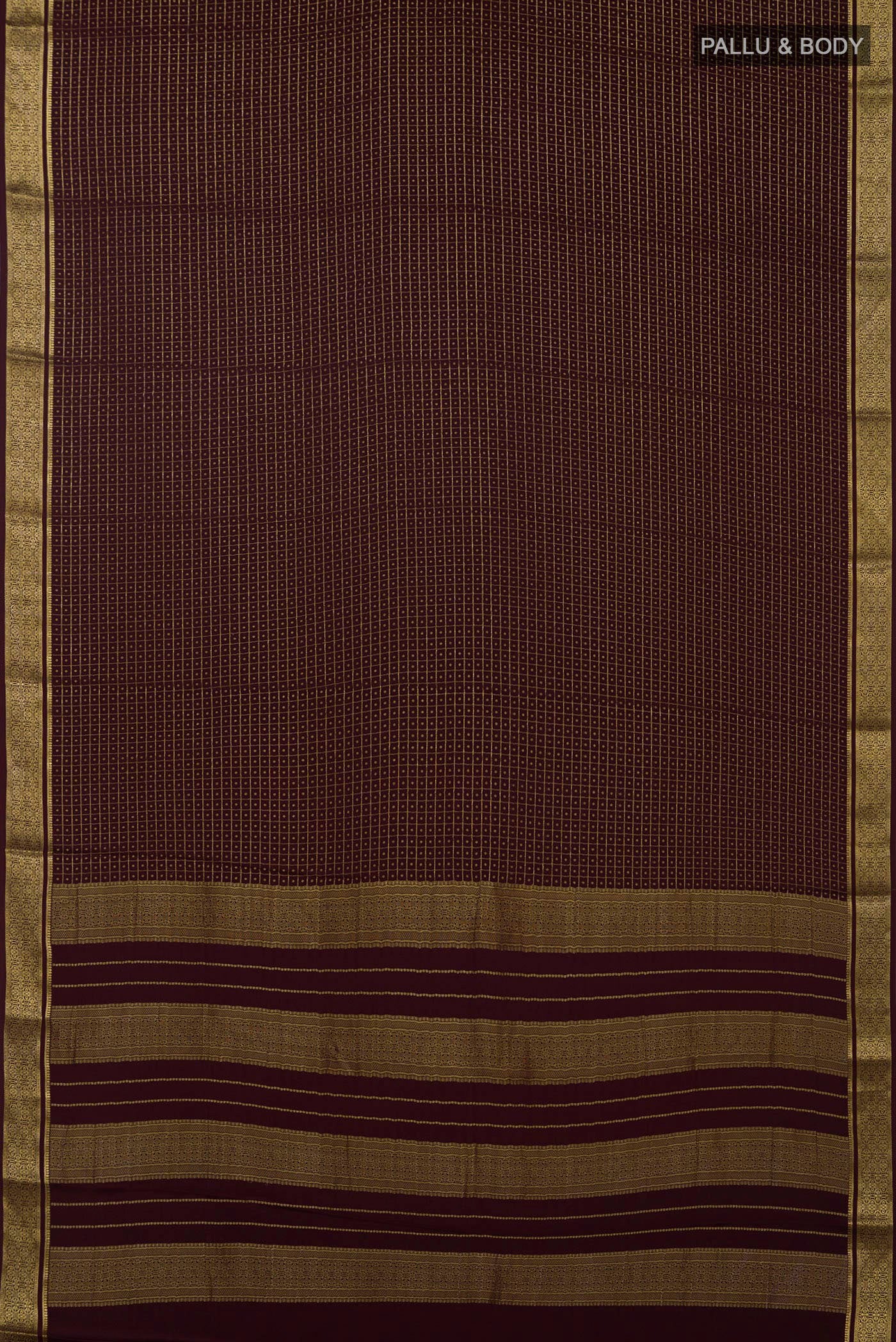 Flat view of Coffee Brown Mysore Crepe Saree with Checked design on the body and Zari Border. 