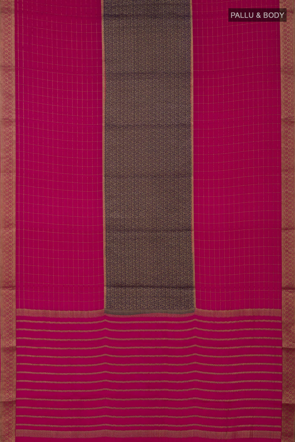 Flat view of Multi Color Mysore Crepe Saree with Checked design on the body and Zari Border. 