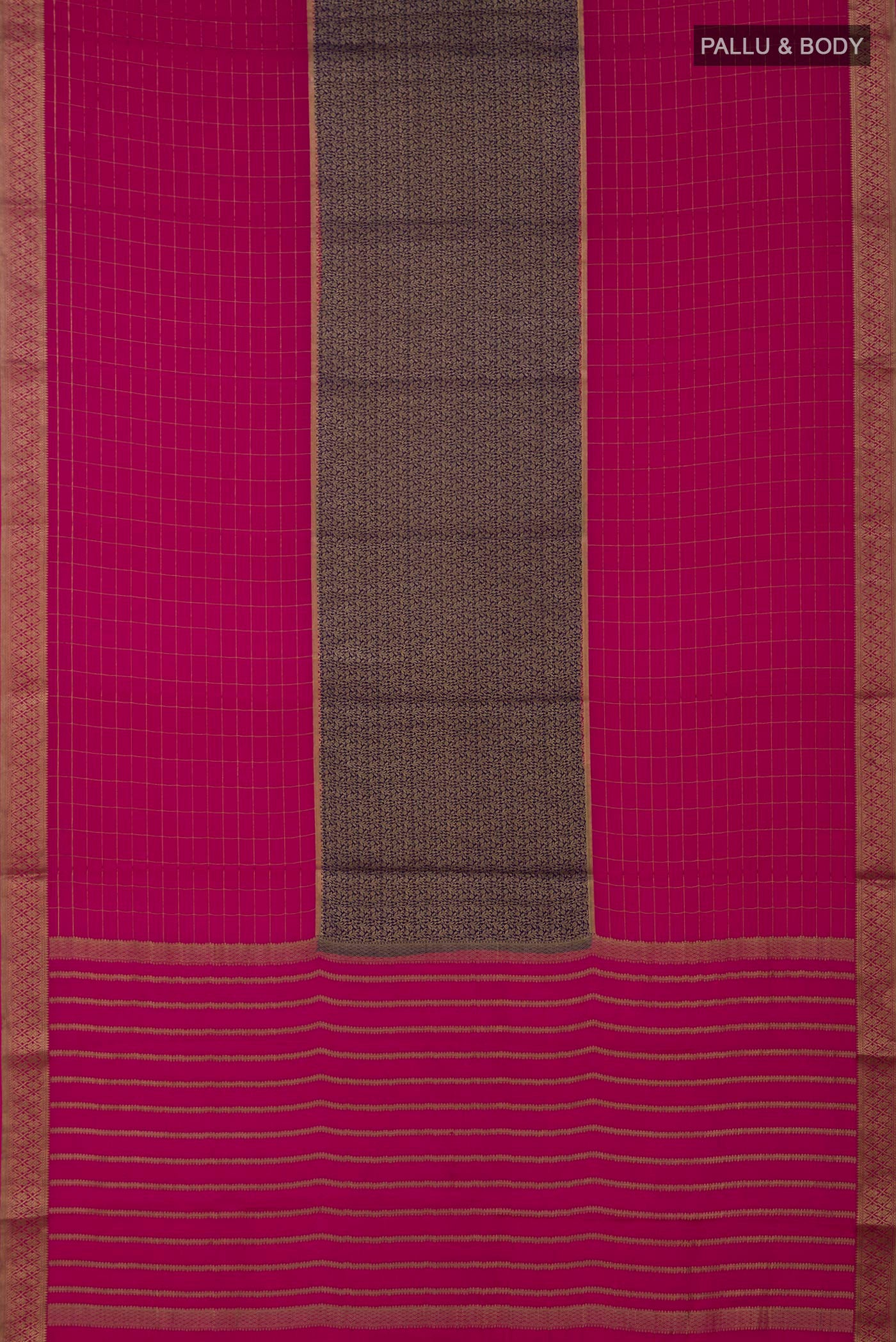 Flat view of Multi Color Mysore Crepe Saree with Checked design on the body and Zari Border. 