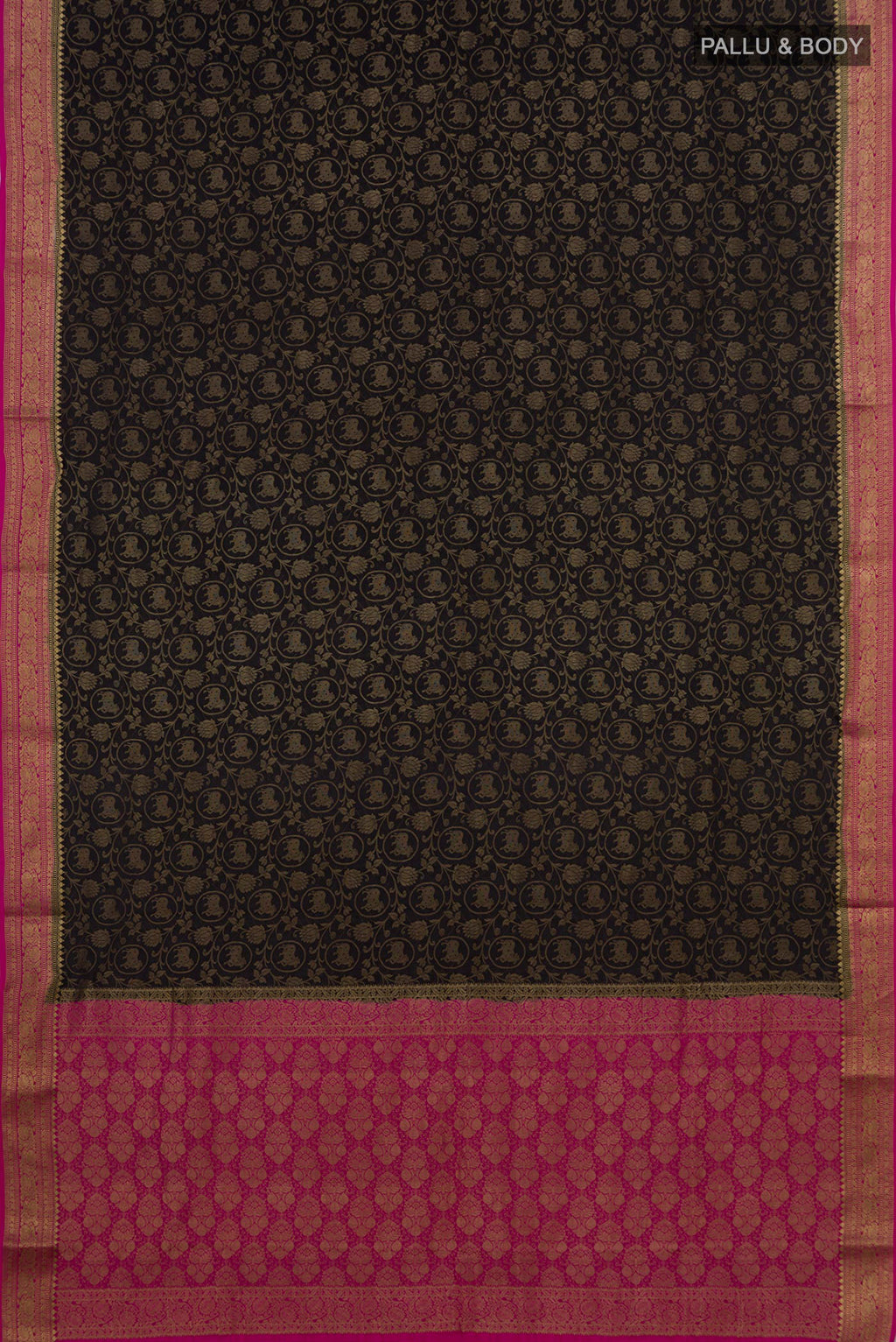 Flat view of Black Mysore Crepe Saree with Zari Brocade on the body and Zari Border. 