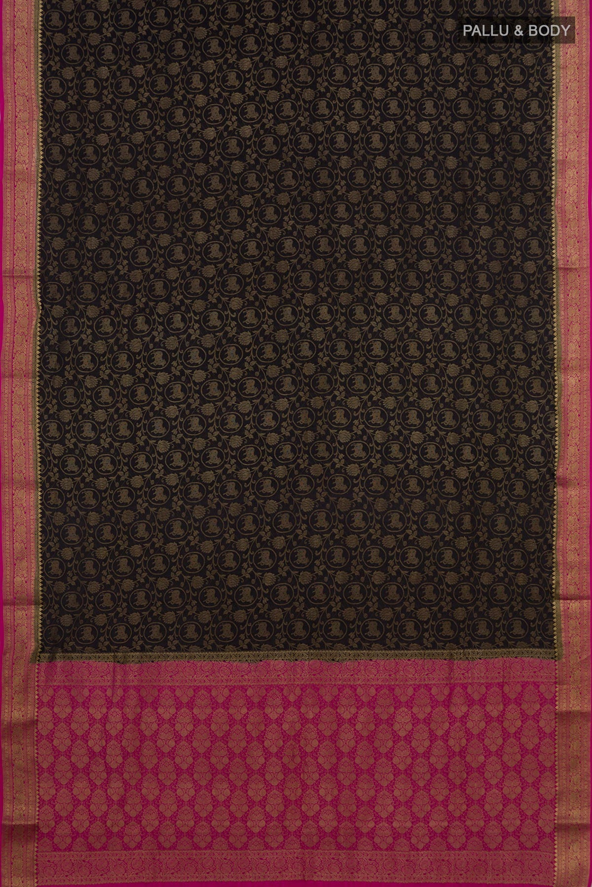 Flat view of Black Mysore Crepe Saree with Zari Brocade on the body and Zari Border. 