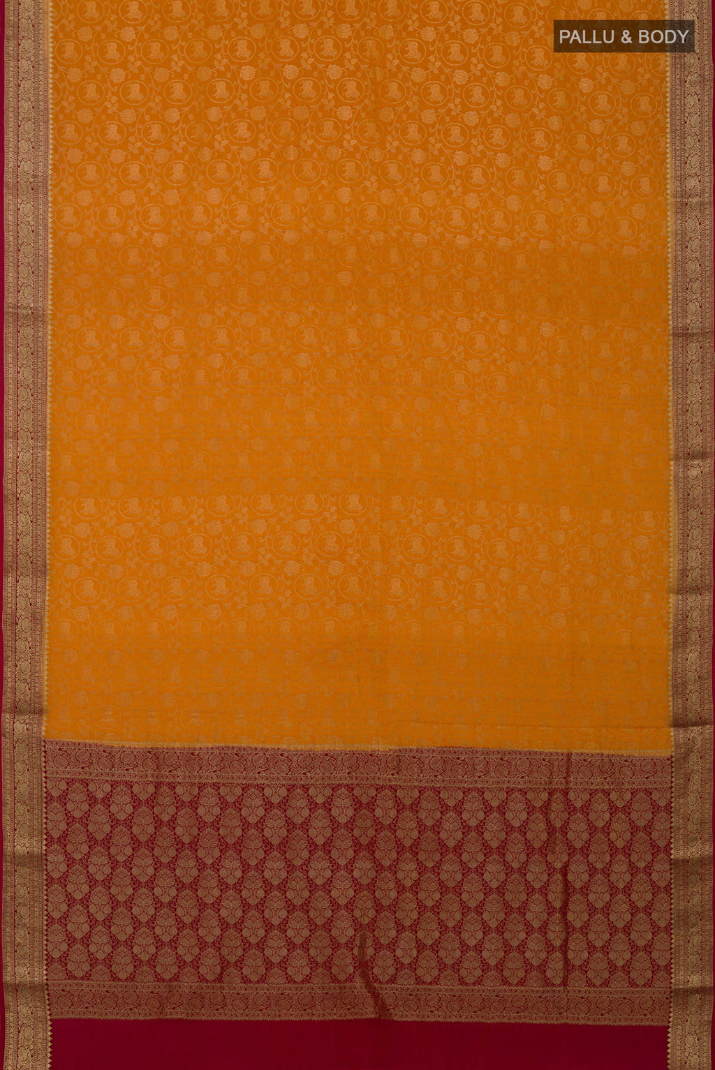 Flat view of Mustard Mysore Crepe Saree with Zari Brocade on the body and Zari Border. 