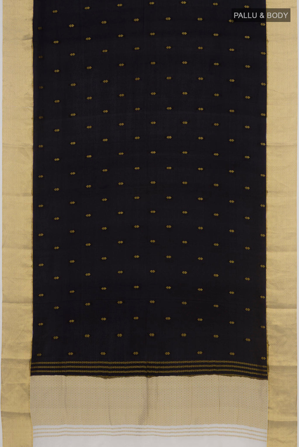 Flat view of Black Mysore Crepe Saree with Zari Butta on the body and Zari Border. 