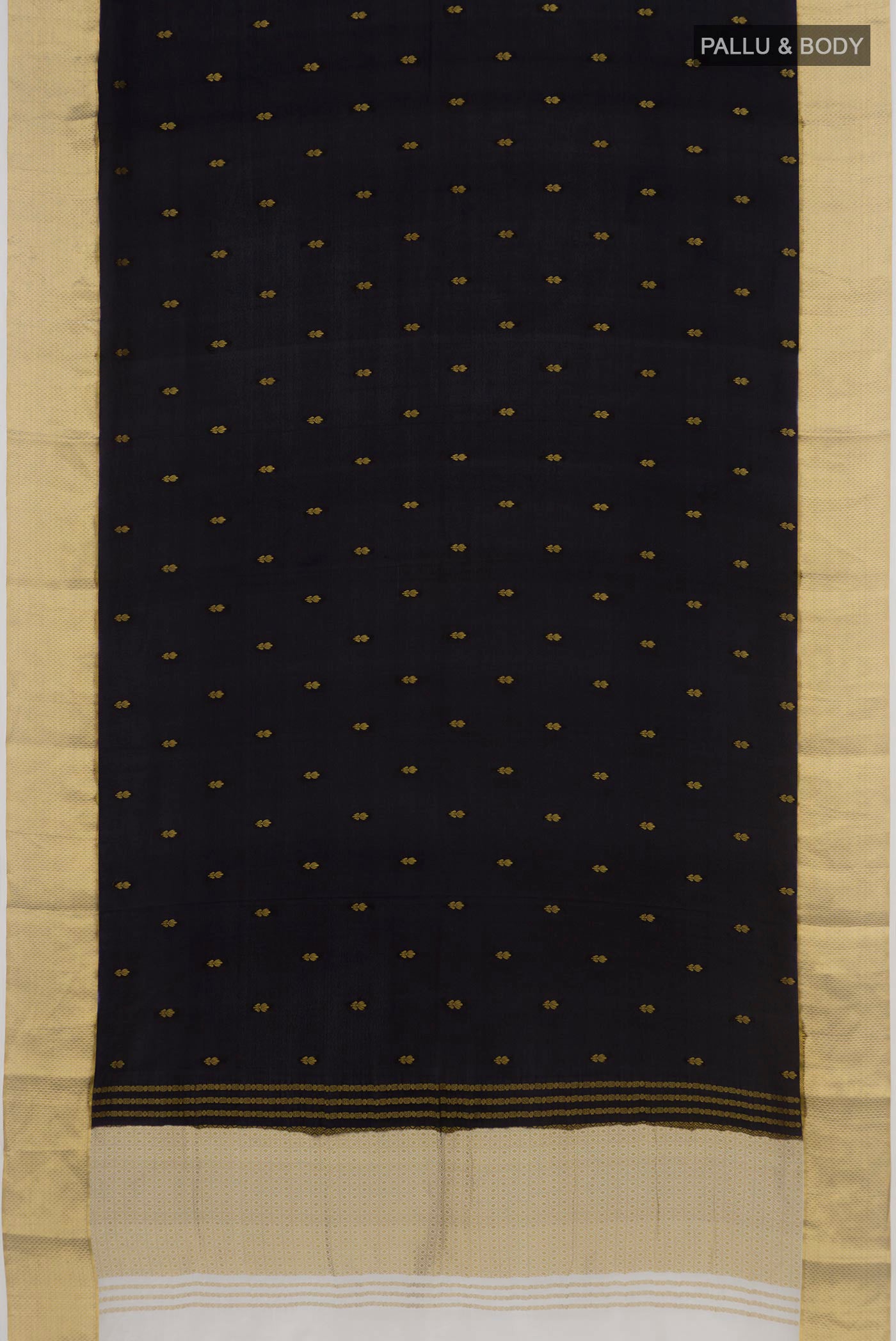 Flat view of Black Mysore Crepe Saree with Zari Butta on the body and Zari Border. 