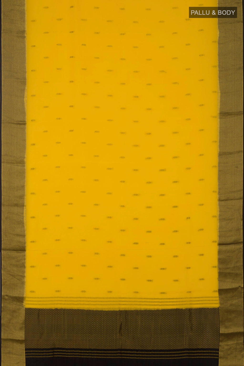 Flat view of Yellow Mysore Crepe Saree with Zari Butta on the body and Zari Border. 