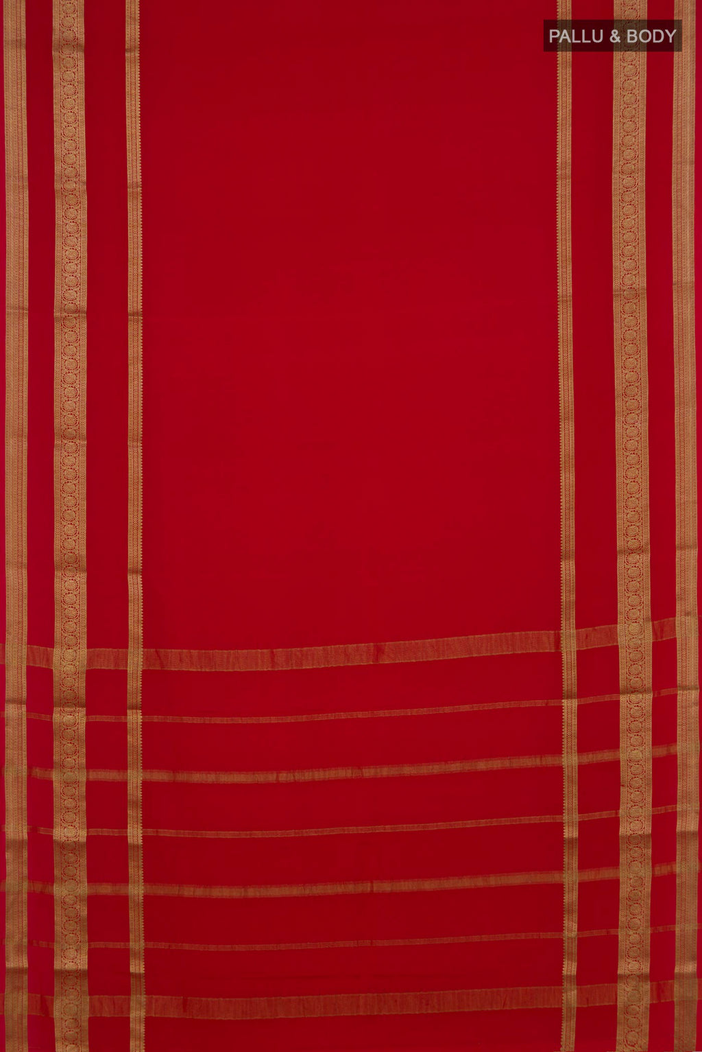 Flat view of Red Mysore Crepe Saree with Plain Body and Zari Border. 