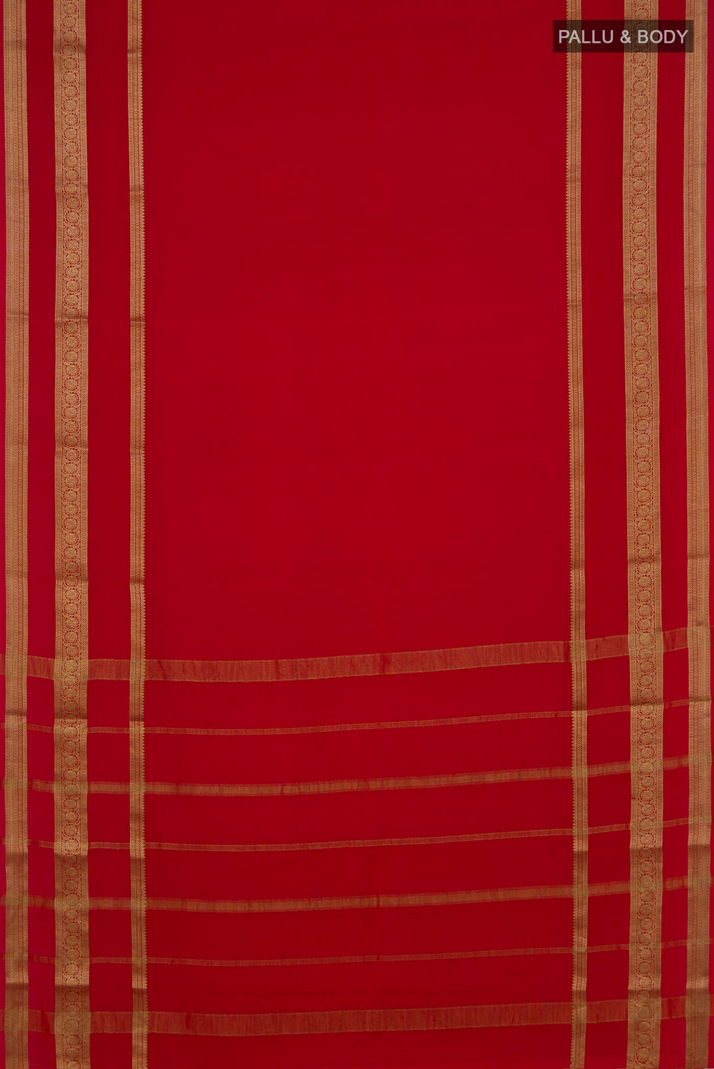 Flat view of Red Mysore Crepe Saree with Plain Body and Zari Border. 