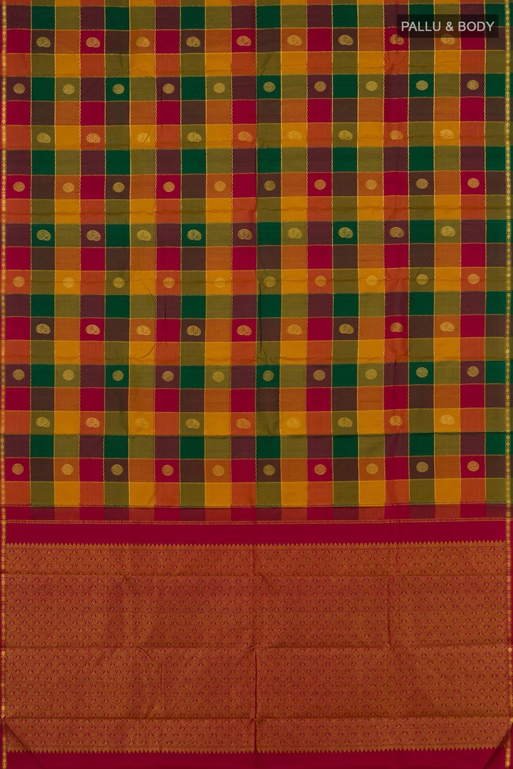 Flat view of Multi Color Kanchipuram Silk Saree with Checked design on the body and Thin Zari Line. 
