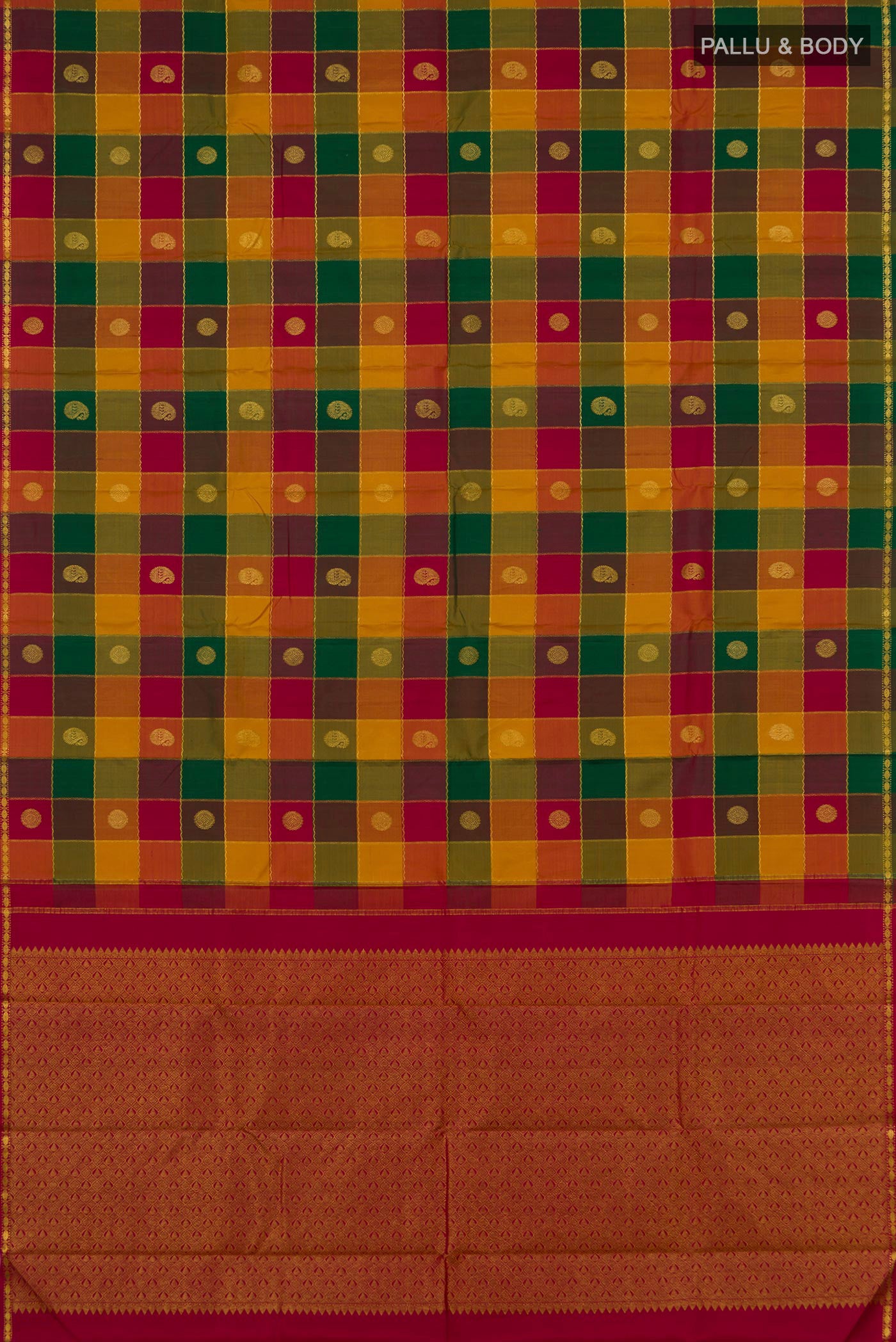 Flat view of Multi Color Kanchipuram Silk Saree with Checked design on the body and Thin Zari Line. 