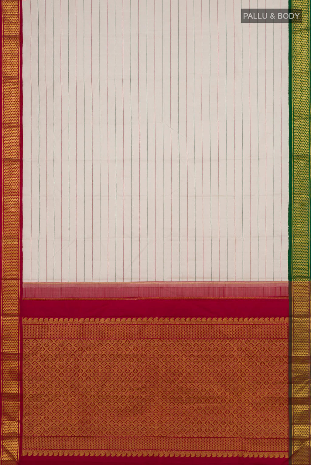 Flat view of Off White Kanjivaram Silk Saree with Veldhari on the body and Ganga Jamuna Border. 