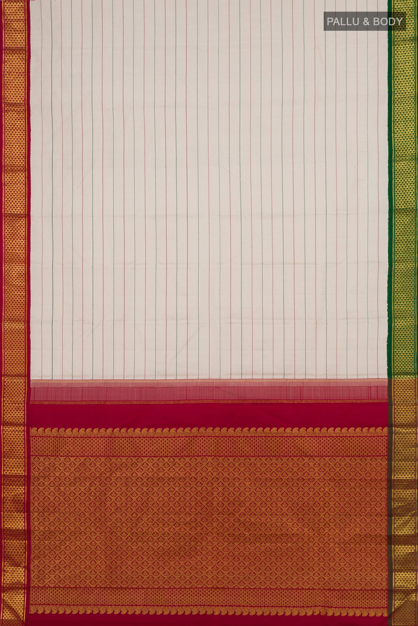 Flat view of Off White Kanjivaram Silk Saree with Veldhari on the body and Ganga Jamuna Border. 