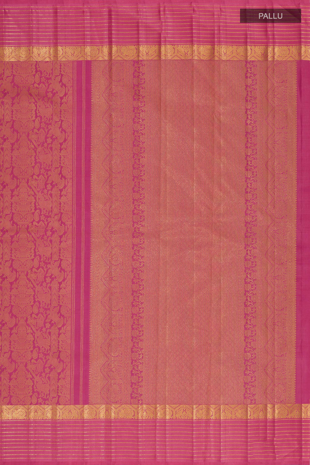 Close up image of the pallu of Pure Silk Pure Zari Pink Kanjivaram Saree with Jacquard design on the body and Zari Border. 