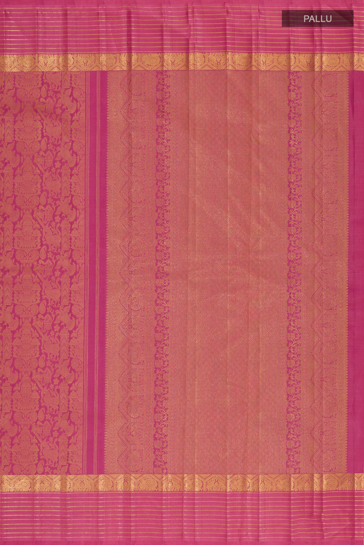 Close up image of the pallu of Pure Silk Pure Zari Pink Kanjivaram Saree with Jacquard design on the body and Zari Border. 
