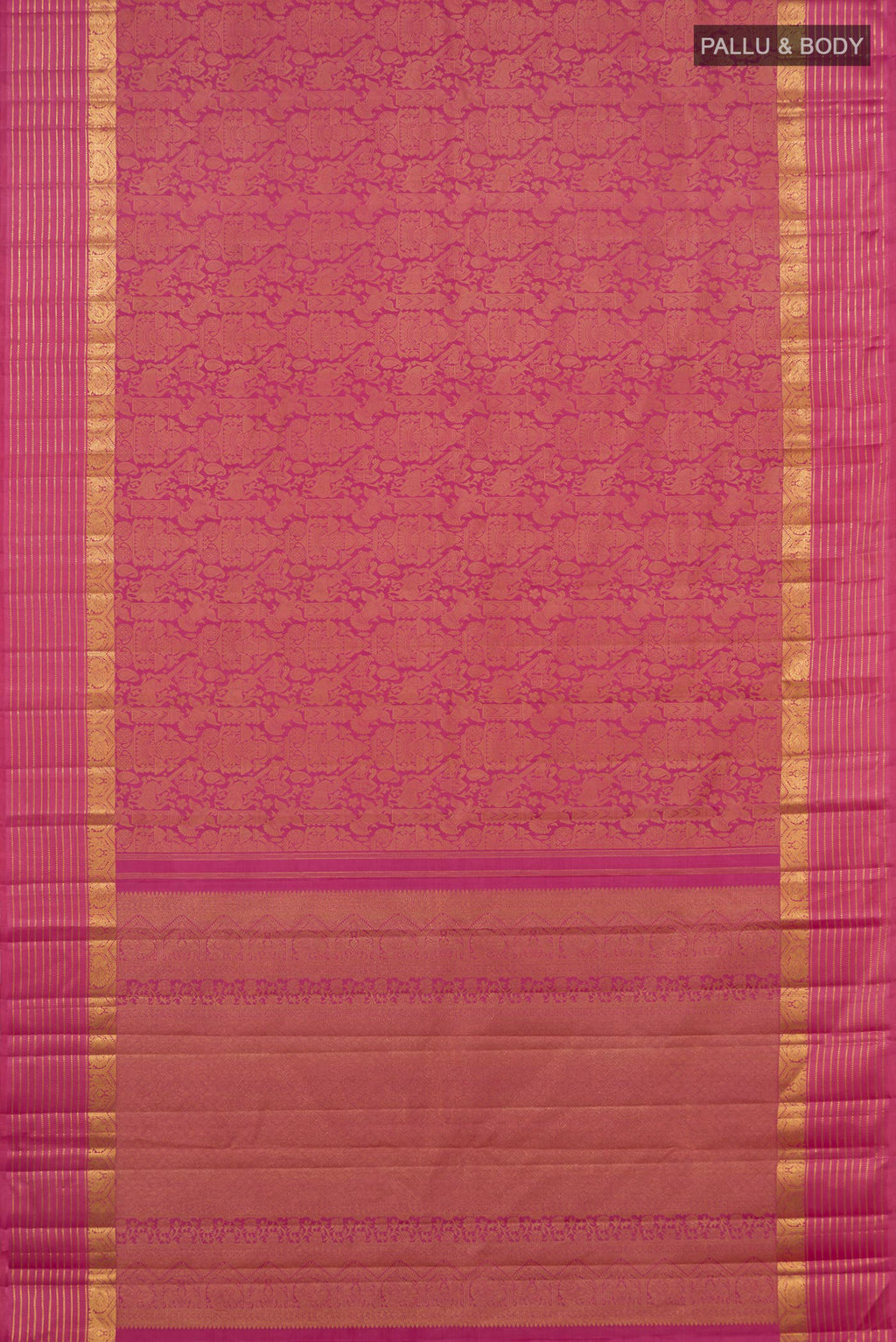 Flat view of Pure Silk Pure Zari Pink Kanjivaram Saree with Jacquard design on the body and Zari Border. 