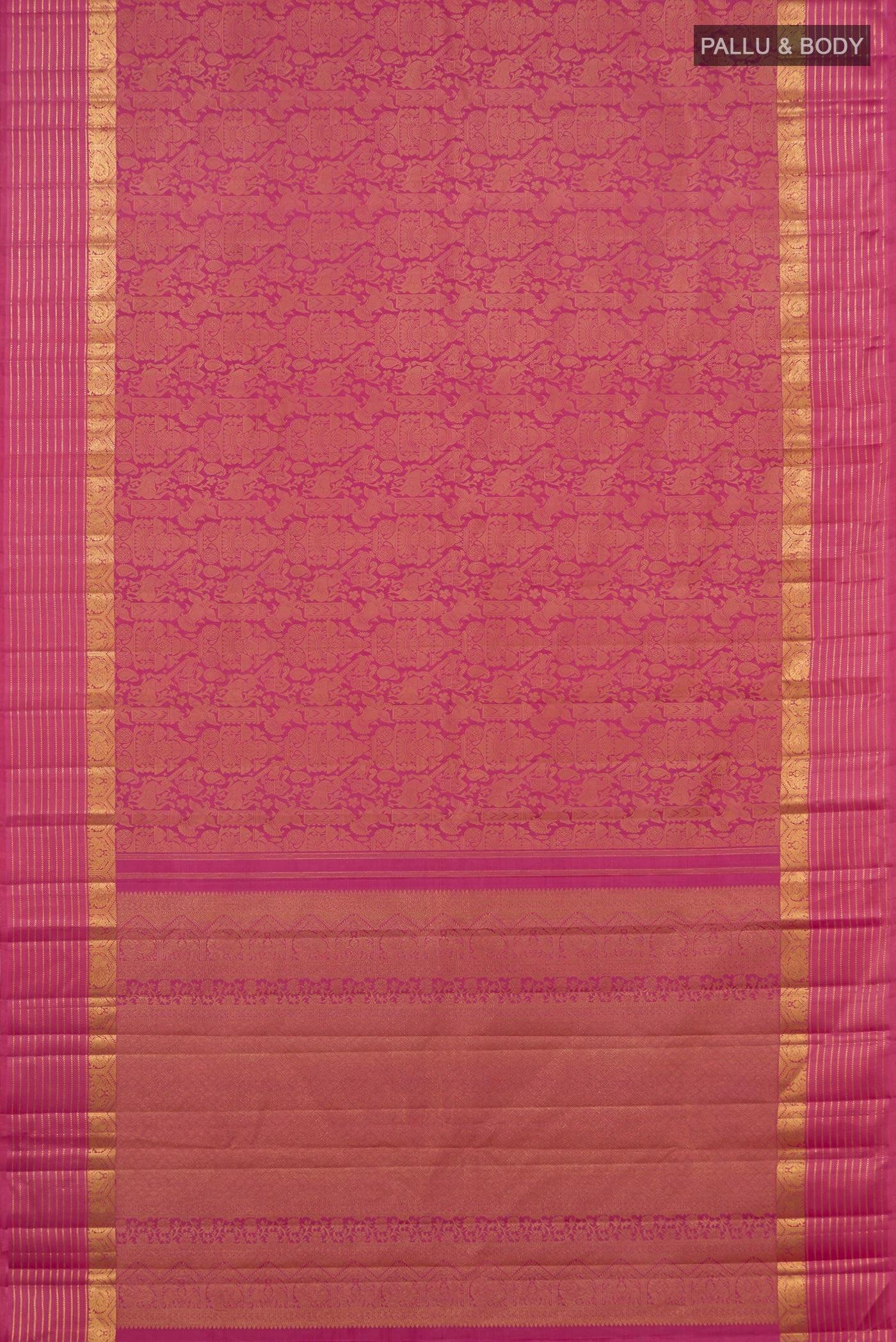 Flat view of Pure Silk Pure Zari Pink Kanjivaram Saree with Jacquard design on the body and Zari Border. 