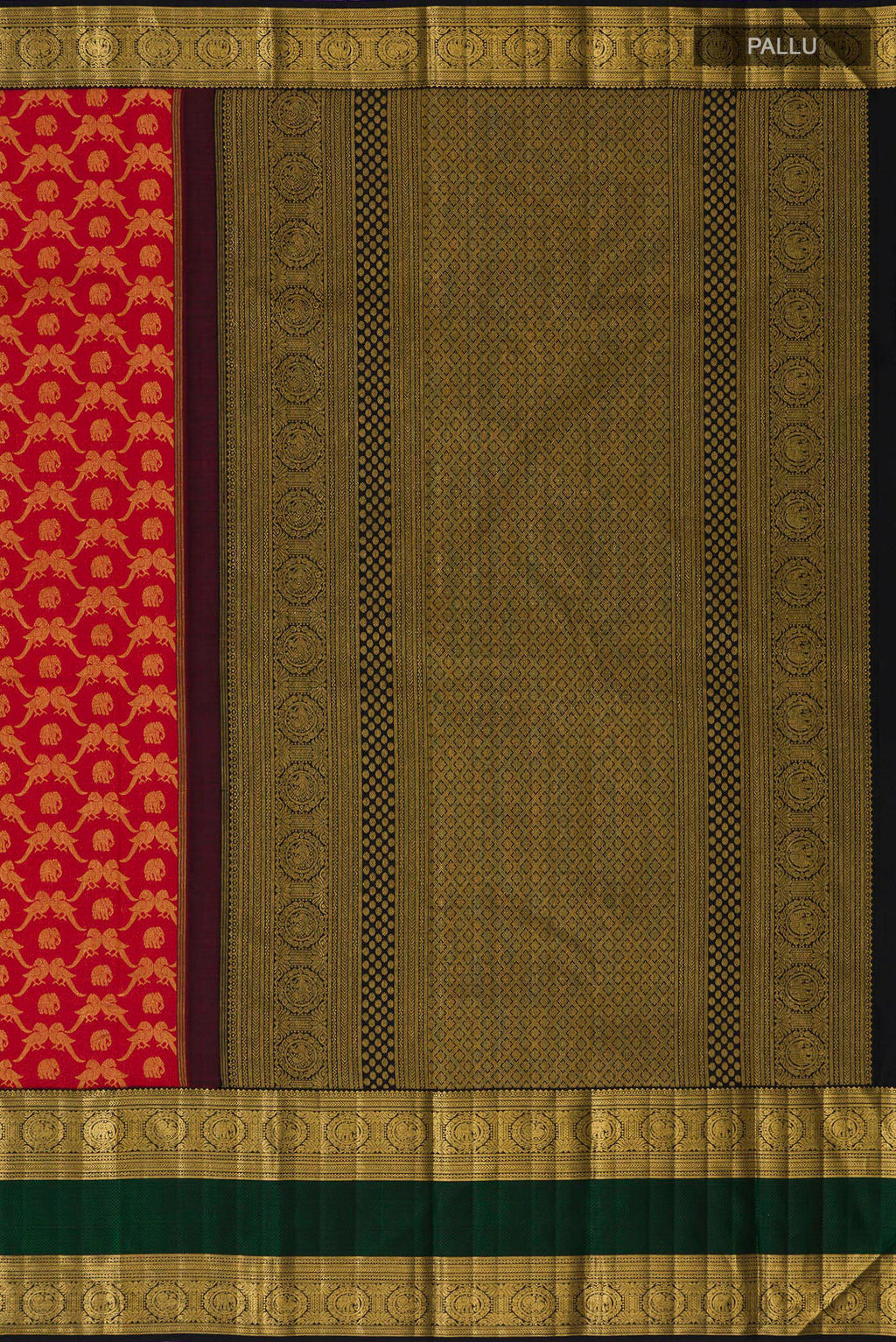 Close up image of the pallu of Red Kanchipuram Silk Saree with Zari Brocade on the body and Zari Border. 