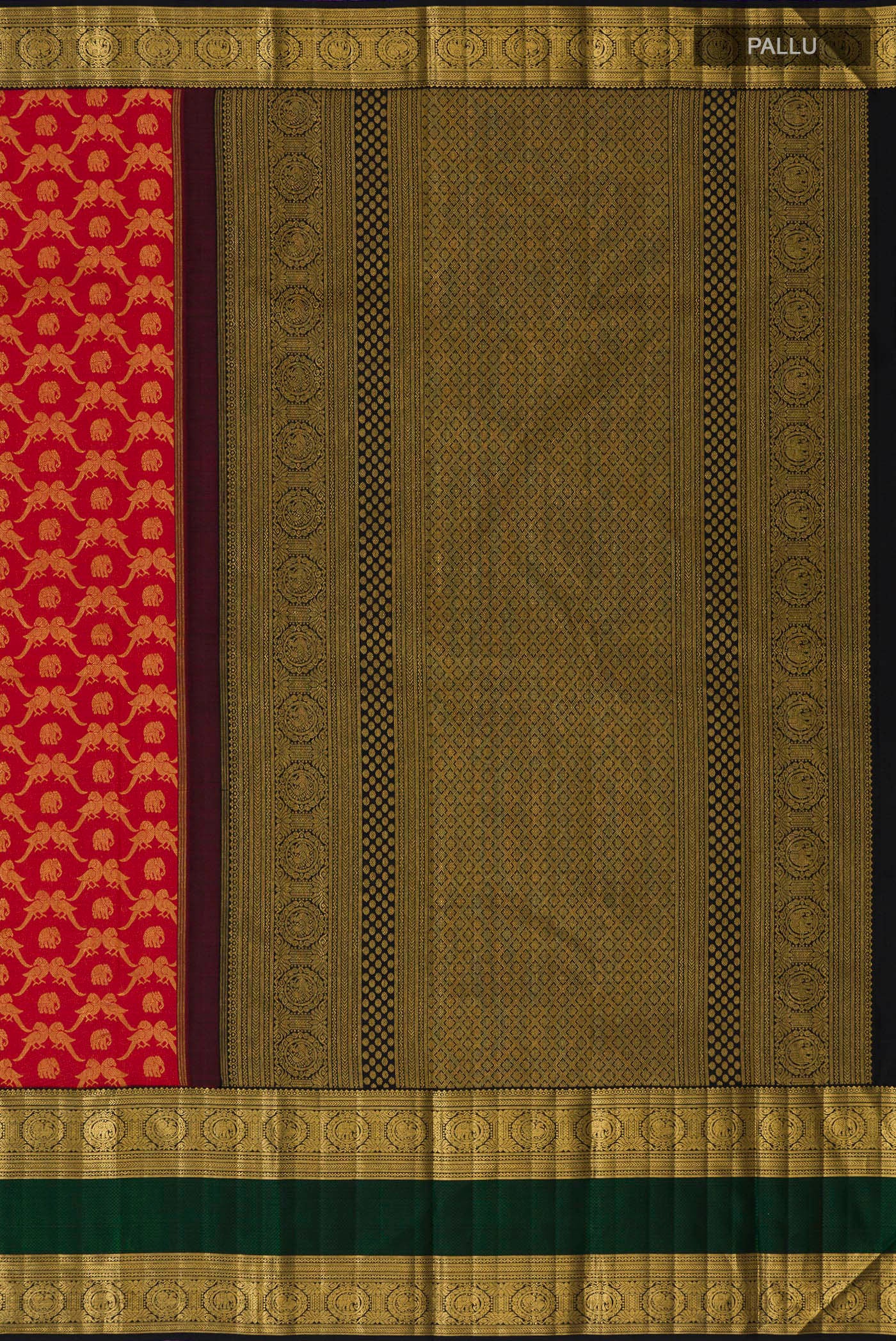 Close up image of the pallu of Red Kanchipuram Silk Saree with Zari Brocade on the body and Zari Border. 