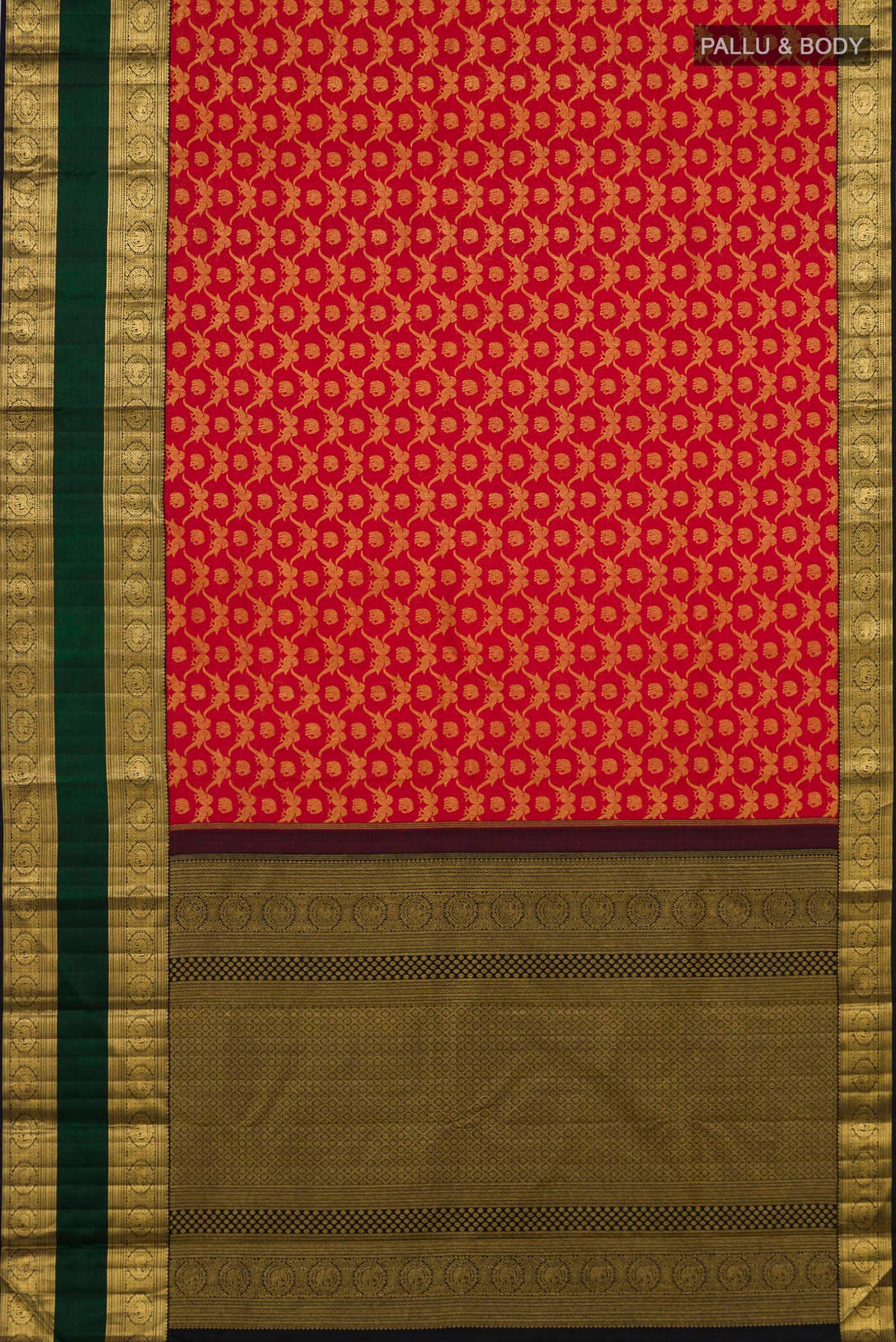 Flat view of Red Kanchipuram Silk Saree with Zari Brocade on the body and Zari Border. 