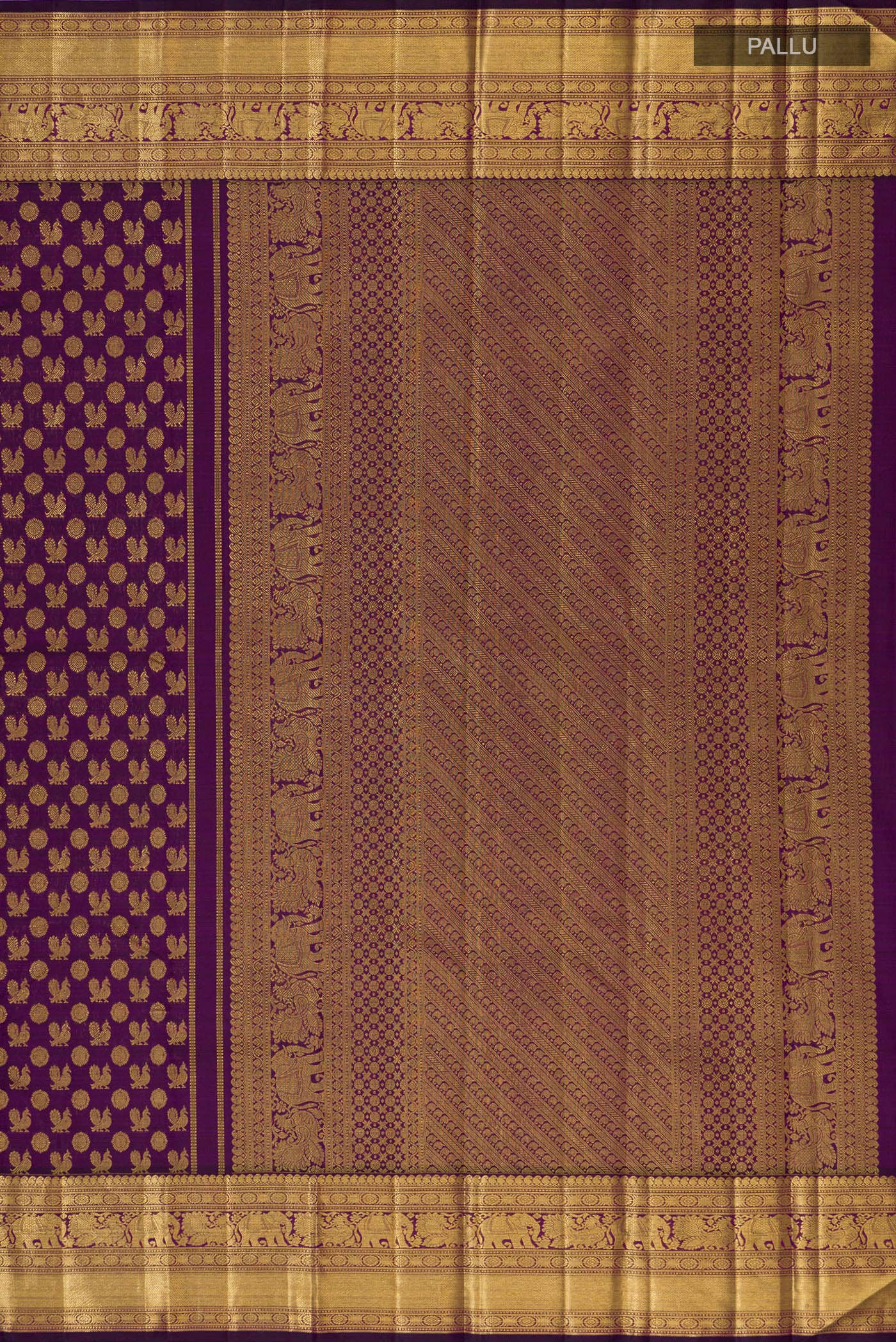 Close up image of the pallu of Purple Kanchipuram Silk Saree with Zari Brocade on the body and Zari Border. 