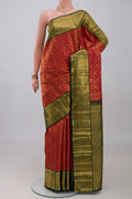 Red Kanchipuram Silk Saree with Zari Brocade on the body and Zari Border.  displayed on a mannequin