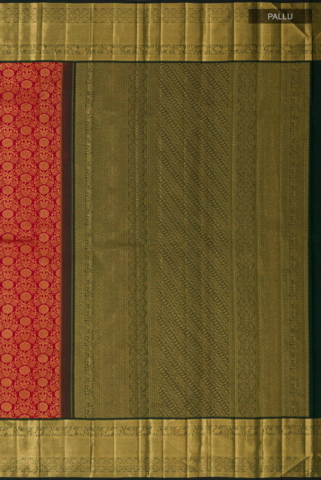 Close up image of the pallu of Red Kanchipuram Silk Saree with Zari Brocade on the body and Zari Border. 