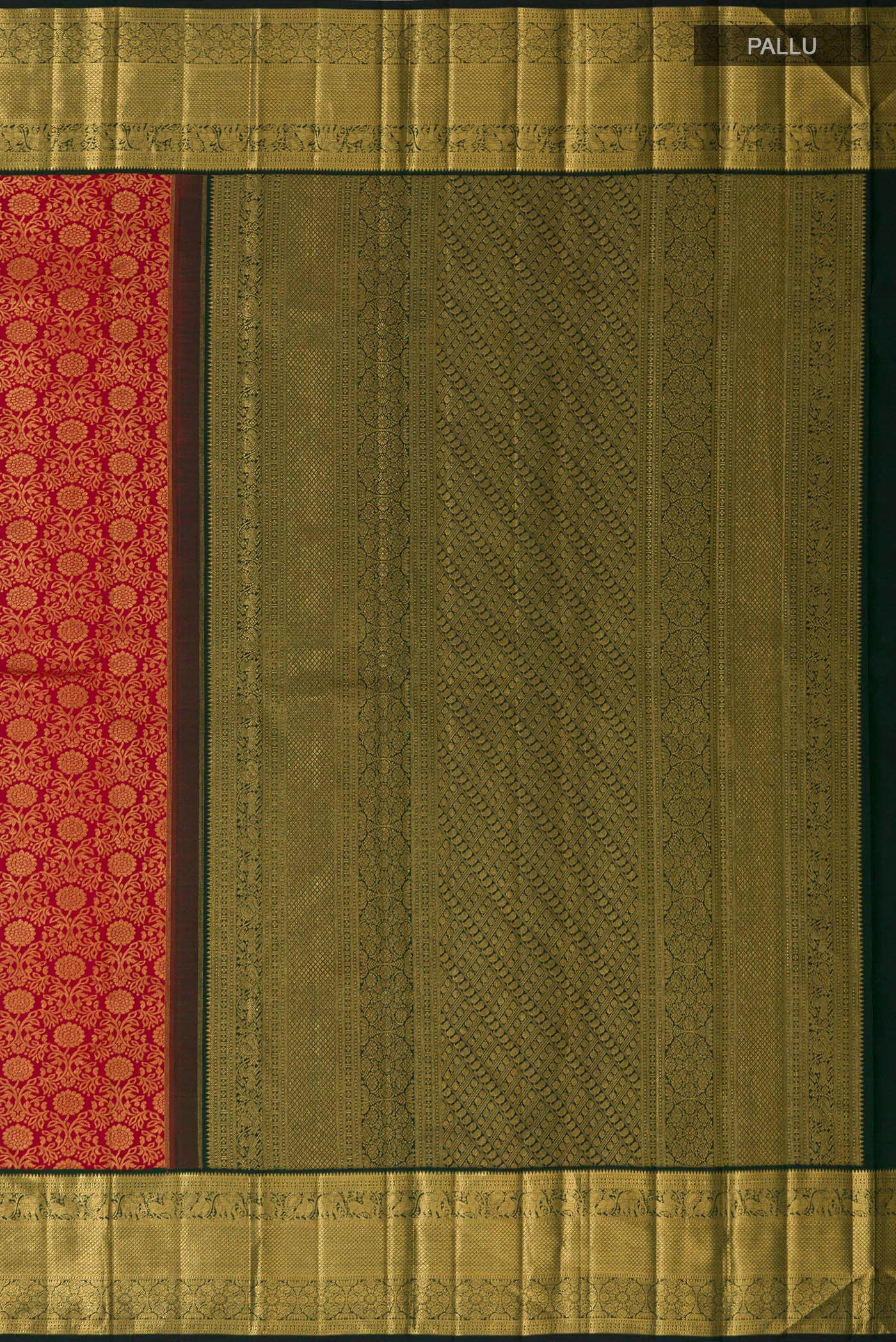 Close up image of the pallu of Red Kanchipuram Silk Saree with Zari Brocade on the body and Zari Border. 