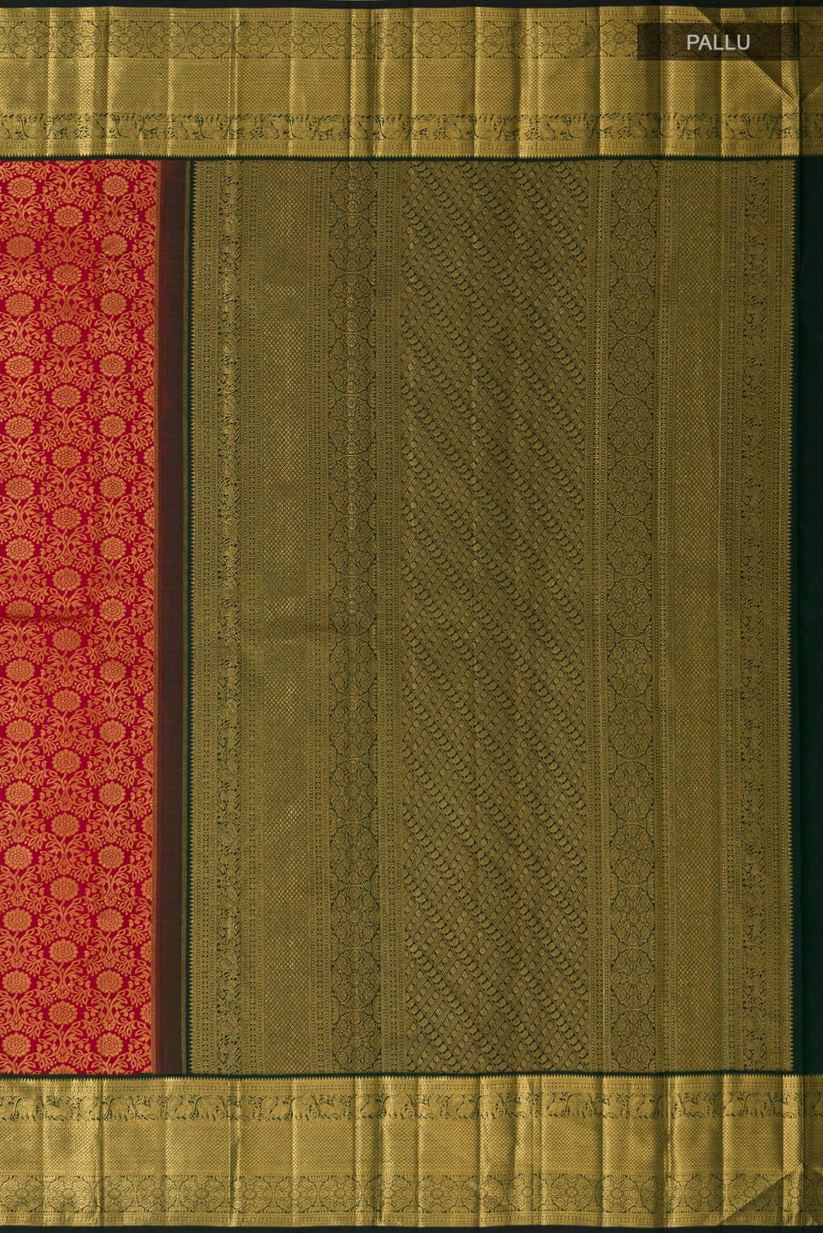 Close up image of the pallu of Red Kanchipuram Silk Saree with Zari Brocade on the body and Zari Border. 