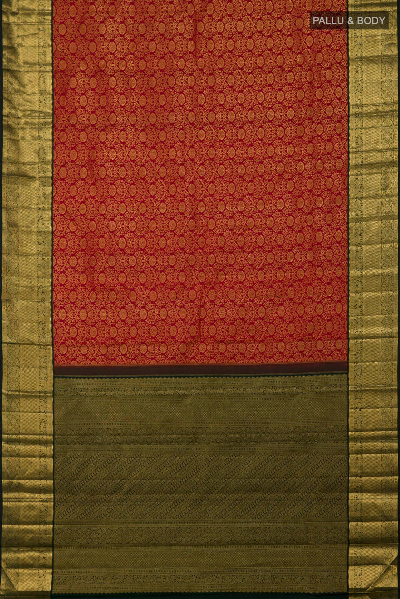 Flat view of Red Kanchipuram Silk Saree with Zari Brocade on the body and Zari Border. 