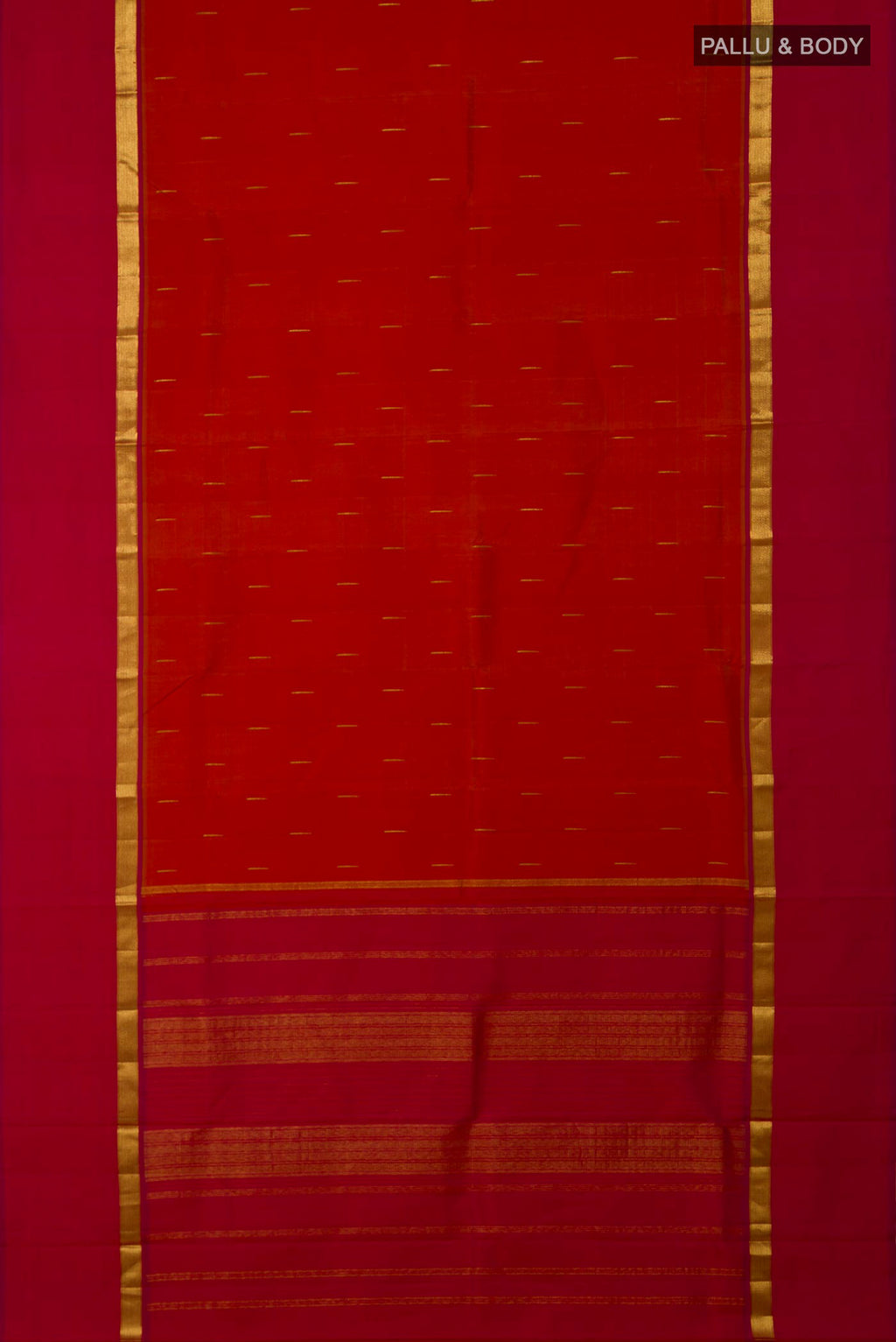 Flat view of Brick Orange Kanjivaram Silk Saree with Zari Butta on the body and Zari Border. 