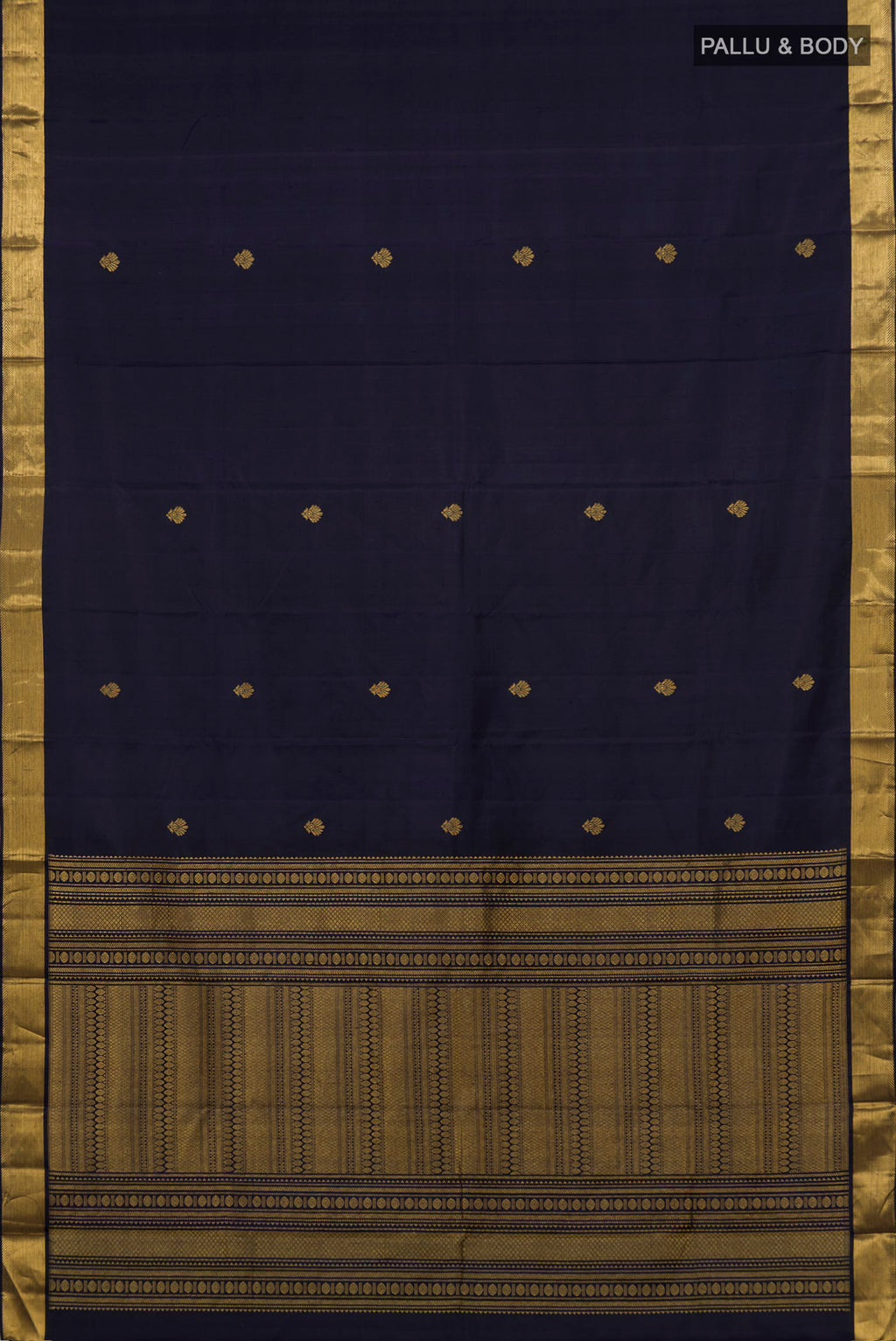 Flat view of Navy Blue Kanjivaram Silk Saree with Zari Butta on the body and Zari Border. 