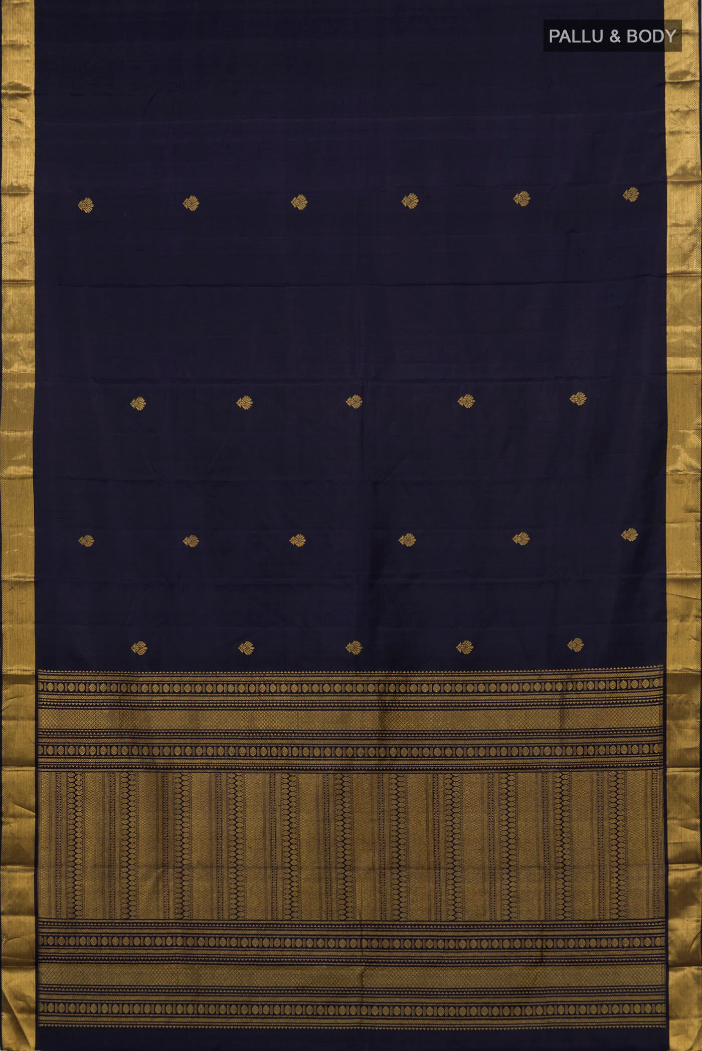 Flat view of Navy Blue Kanjivaram Silk Saree with Zari Butta on the body and Zari Border. 