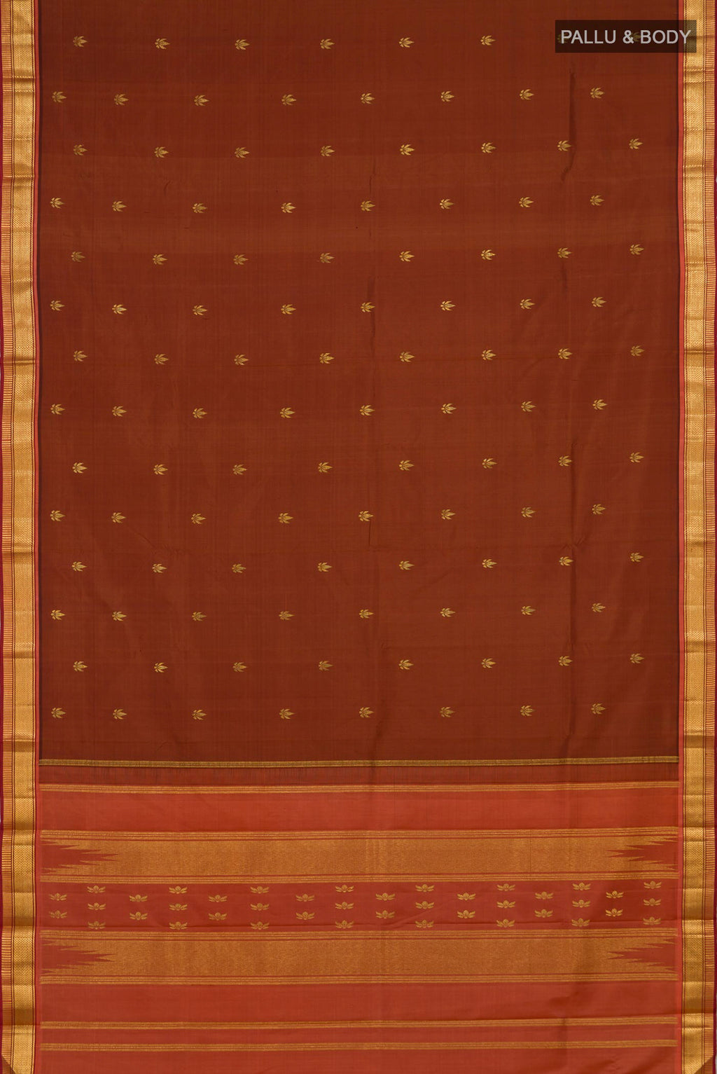 Flat view of Brown Kanchipuram Silk Saree with Zari Butta on the body and Zari Border. 