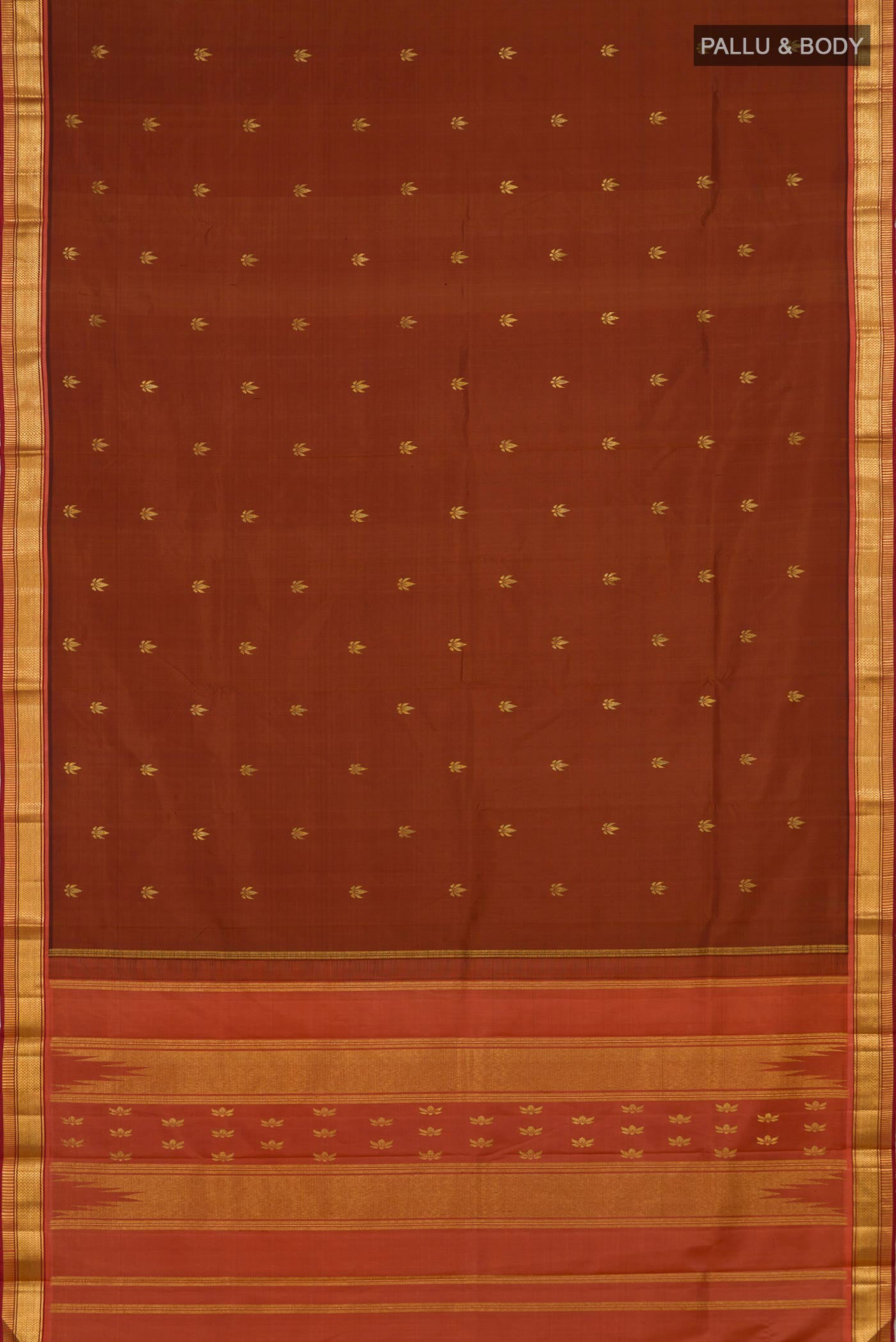 Flat view of Brown Kanchipuram Silk Saree with Zari Butta on the body and Zari Border. 