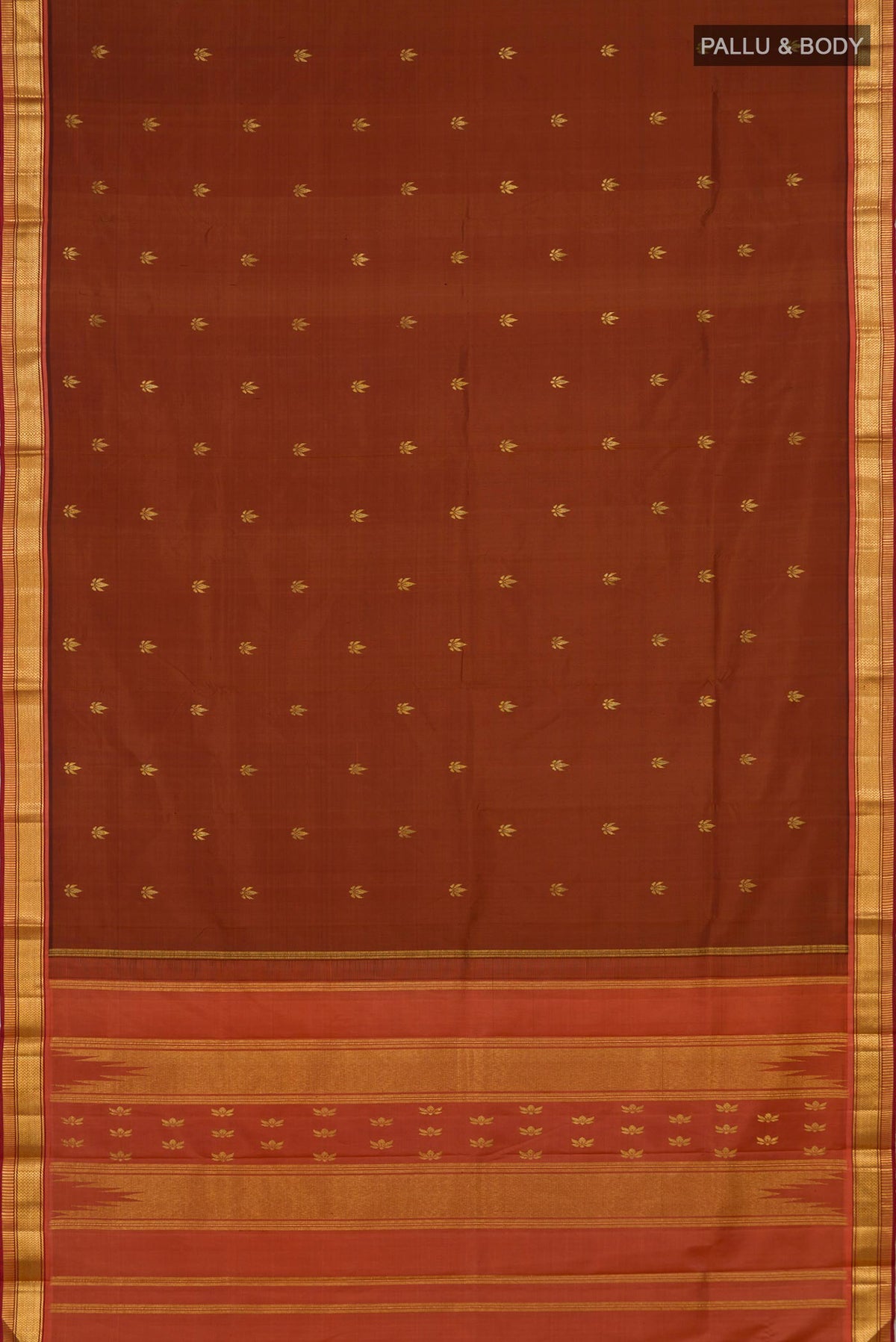 Flat view of Brown Kanchipuram Silk Saree with Zari Butta on the body and Zari Border. 