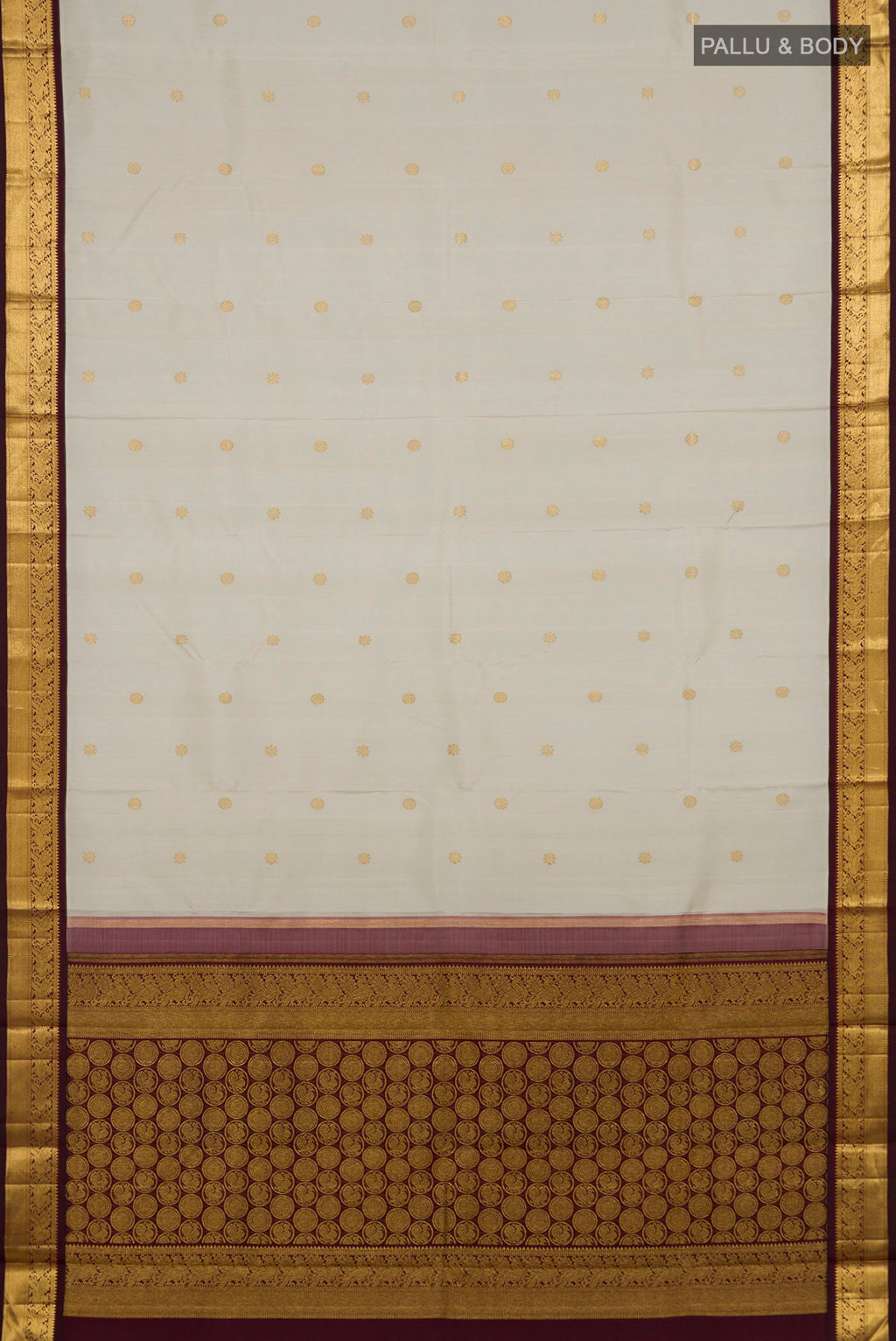 Flat view of Pure Silk Pure Zari Cream Kanchipuram Saree with Zari Butta on the body and Zari Border. 