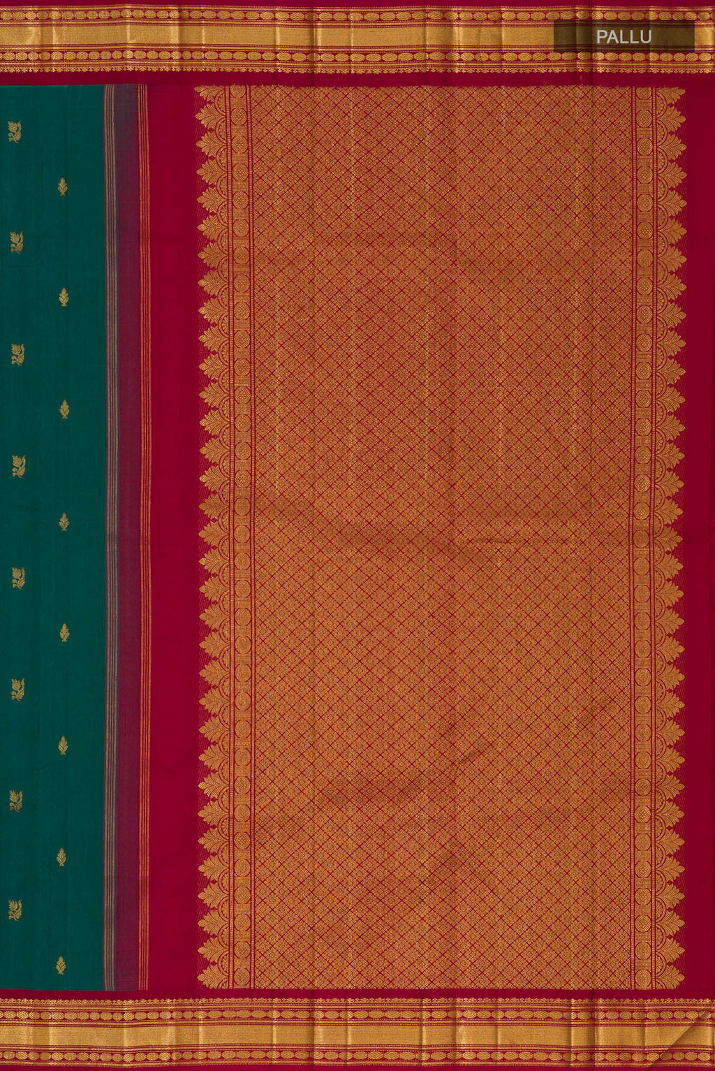 Close up image of the pallu of Pure Silk Green Kanchipuram Saree with Zari Butta on the body and Zari Border. 